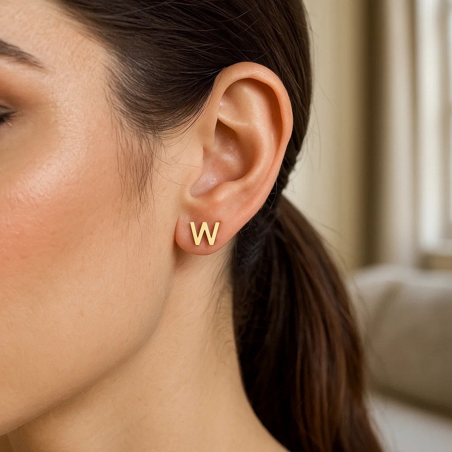 14K Yellow Gold Yours Truly Initial W Stud Earrings for Women | Yene Store