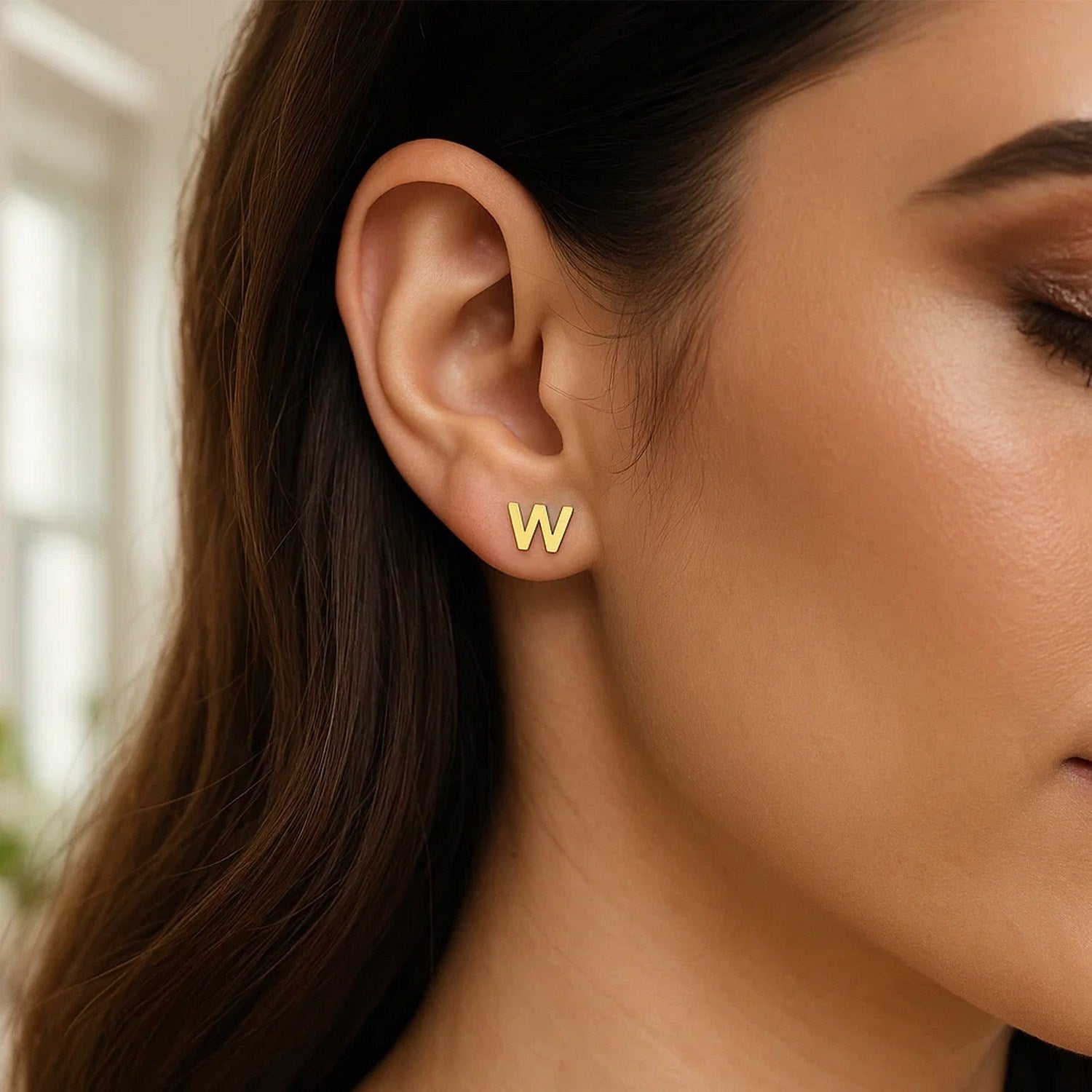 14K Yellow Gold Yours Truly Initial W Stud Earrings for Women | Yene Store