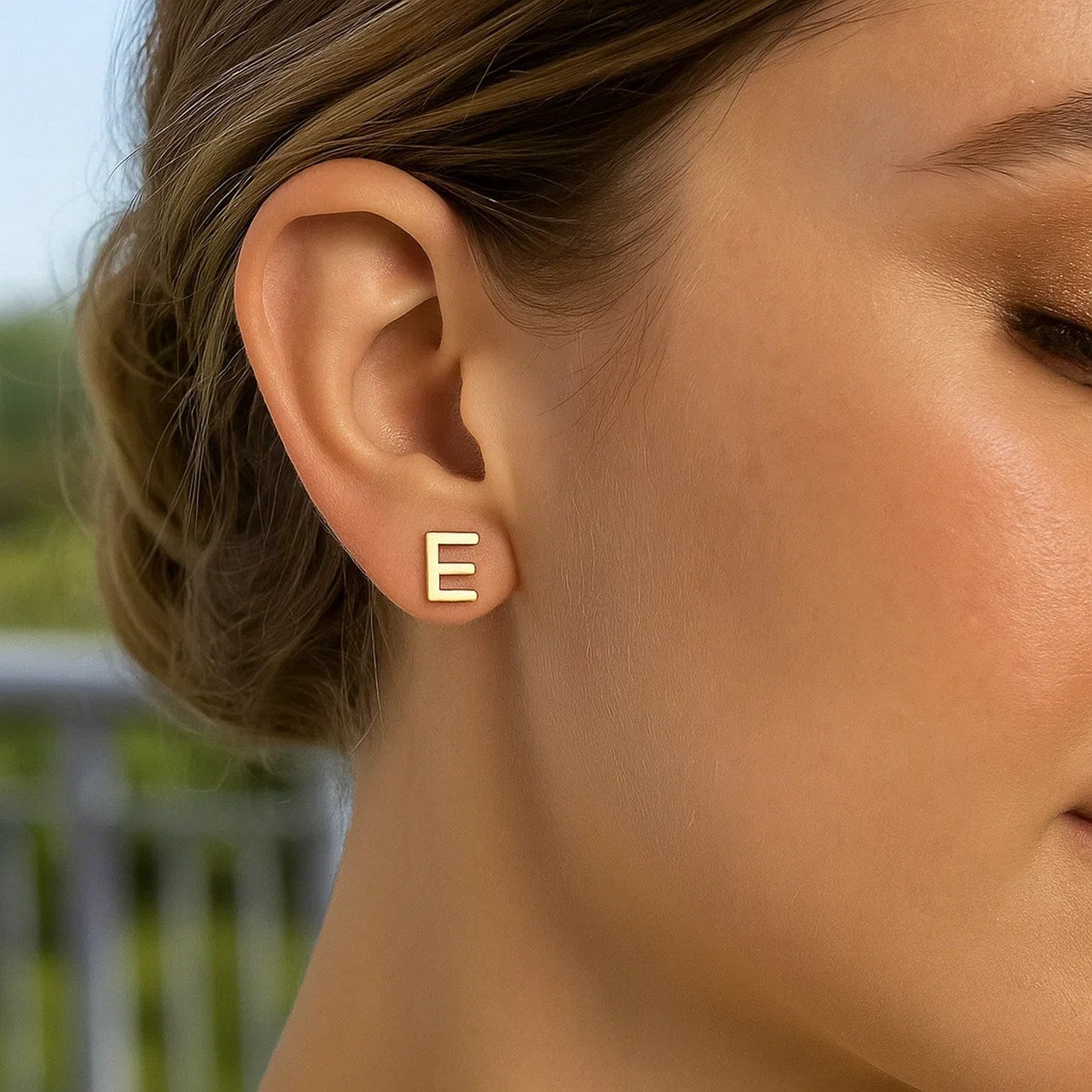 14K Yellow Gold Yours Truly Initial E Stud Earrings for Women | Yene Store