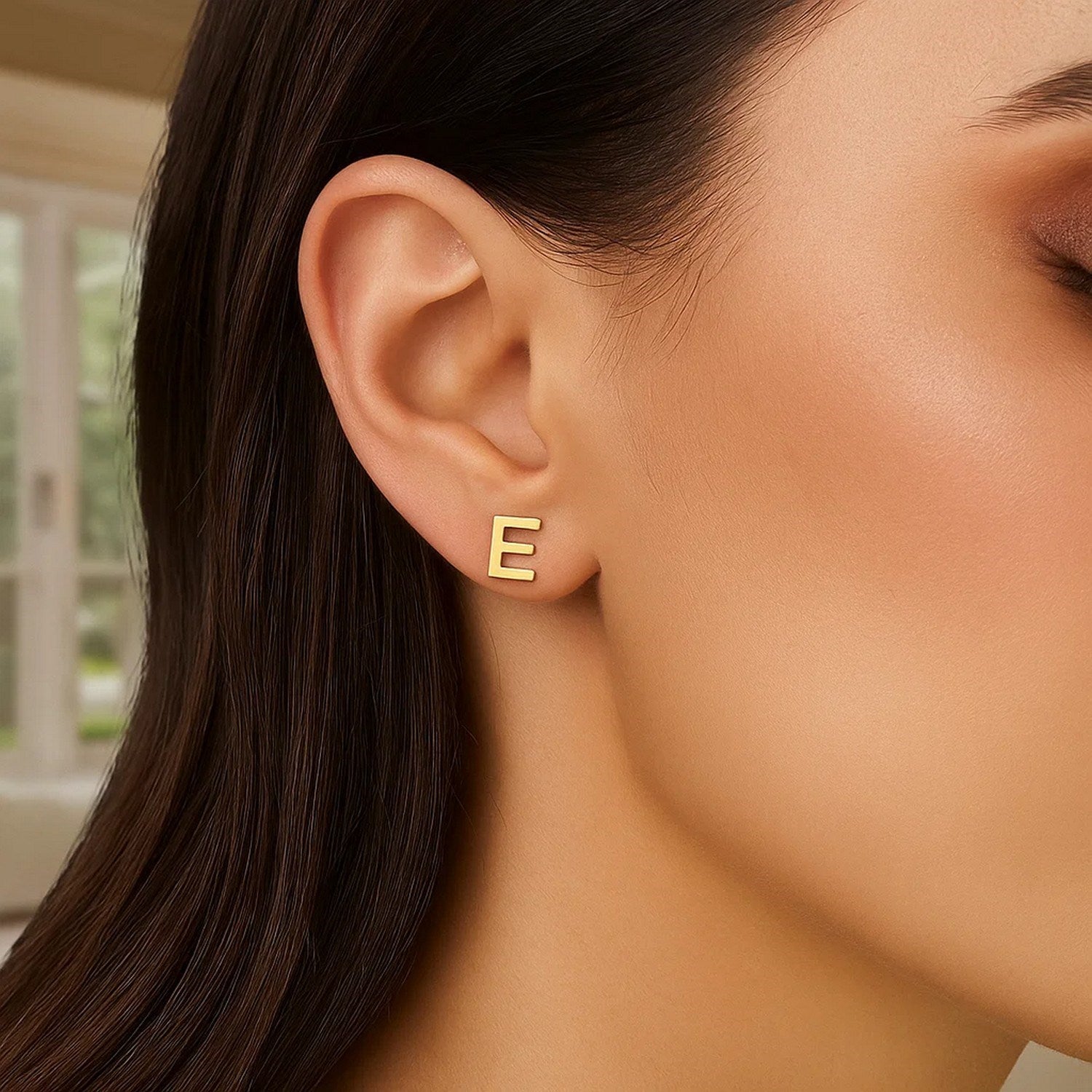 14K Yellow Gold Yours Truly Initial E Stud Earrings for Women | Yene Store