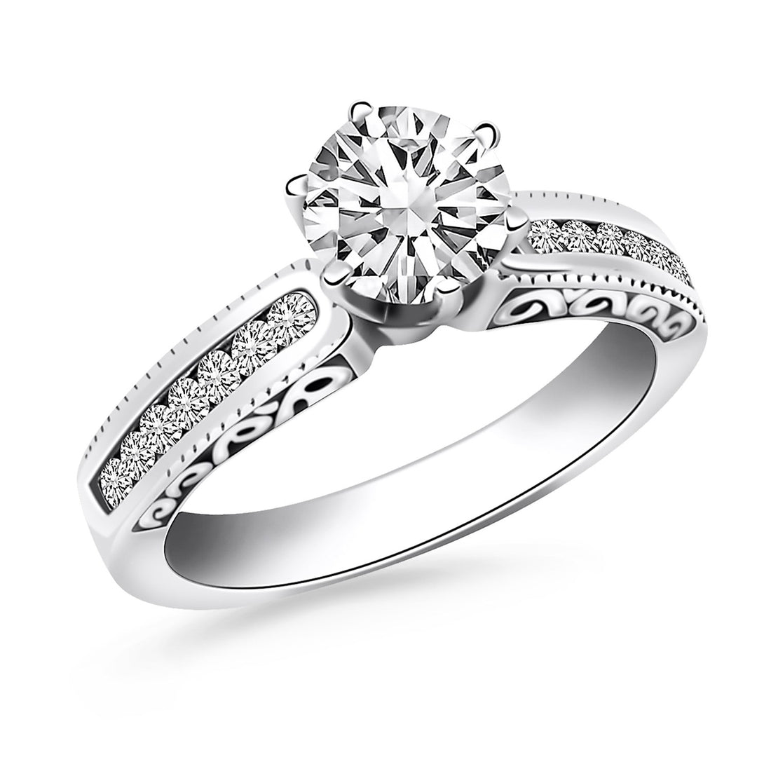 14k White Gold Channel Set Engagement Ring with Engraved Sides for Women | Yene Store