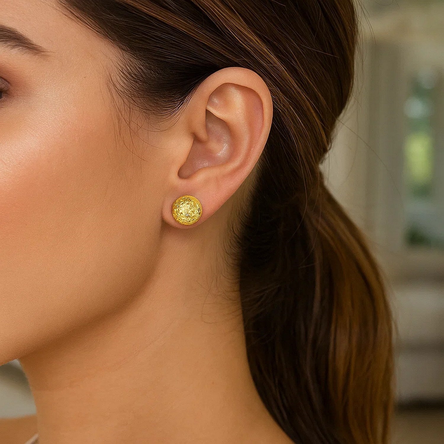 14k Yellow Gold Puff Round Earrings with Diamond Cuts(11mm) for Women | Yene Store