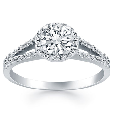 14k White Gold Diamond Halo Split Shank Engagement Ring for Women | Yene Store