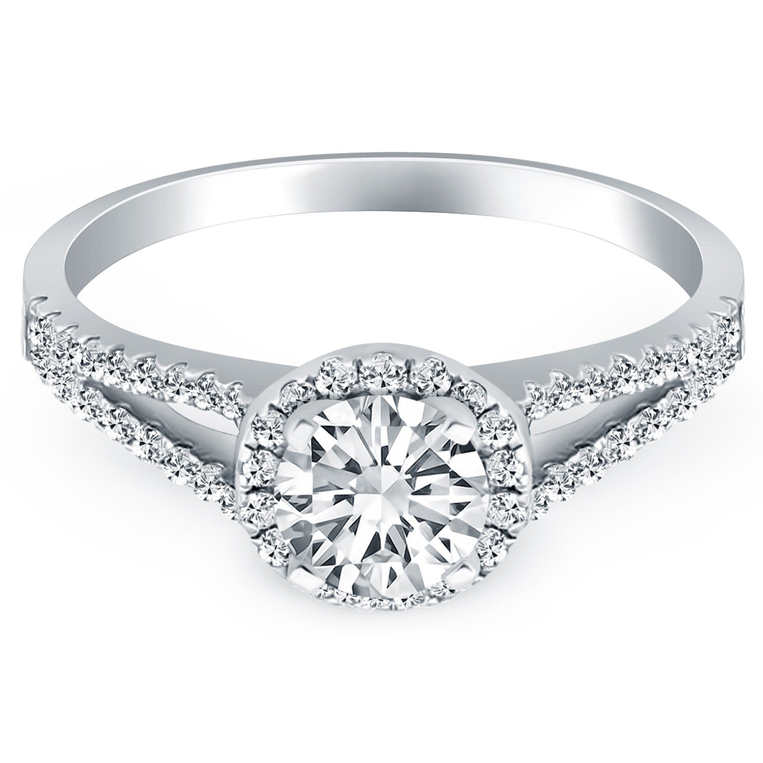 14k White Gold Diamond Halo Split Shank Engagement Ring for Women | Yene Store