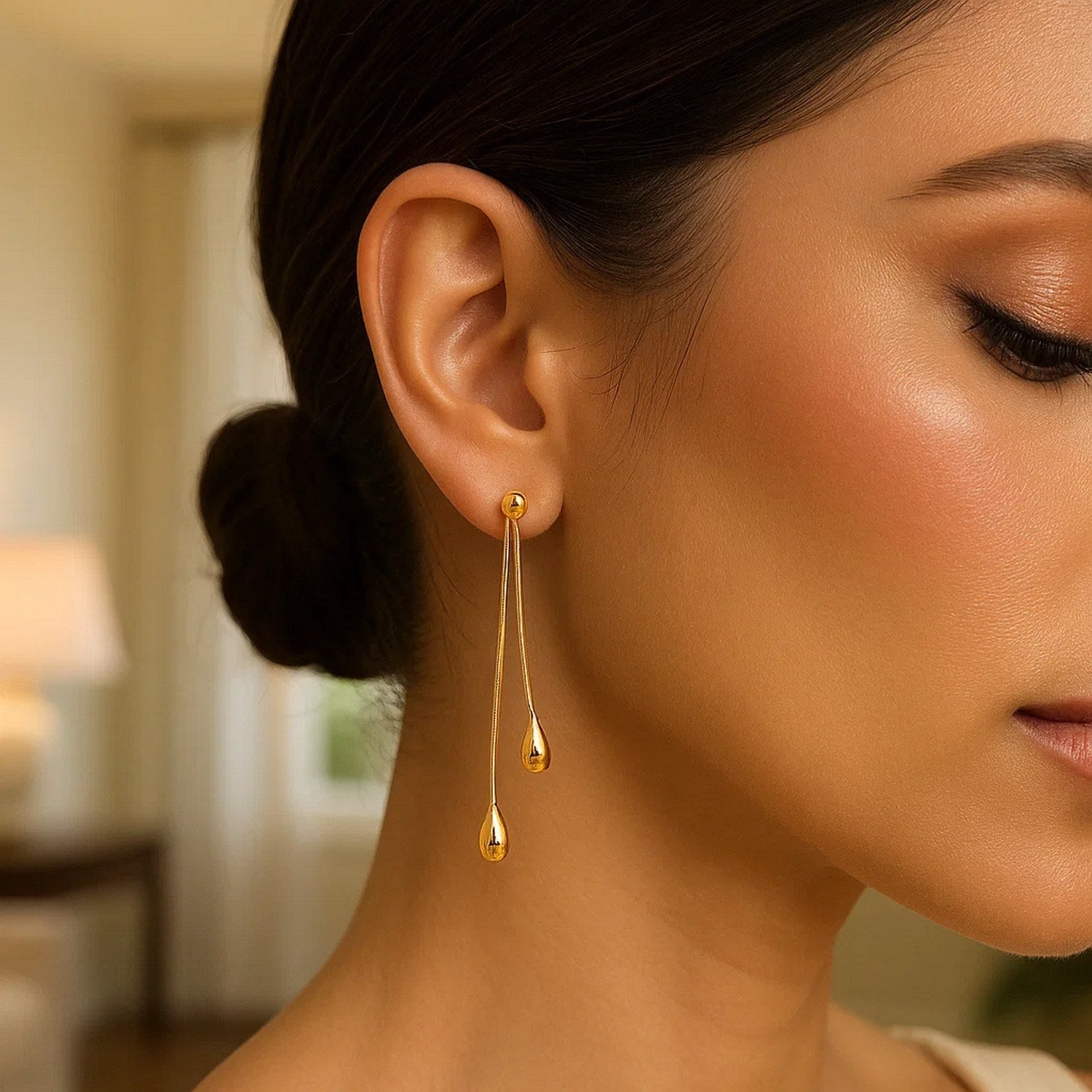 14k Yellow Gold Double Drop Long Earrings for Women | Yene Store