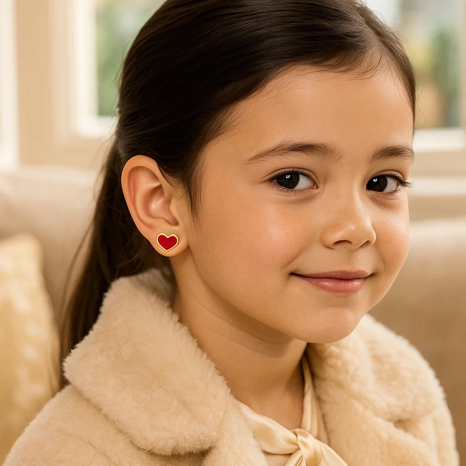 14k Yellow Gold and Enamel Red Heart Stud Earrings for Women | Yene Store