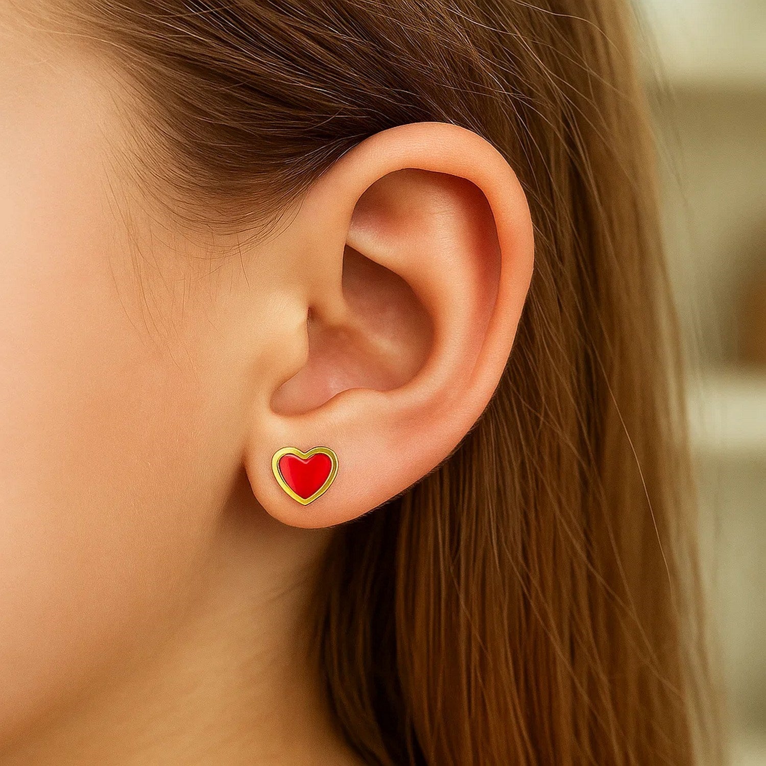 14k Yellow Gold and Enamel Red Heart Stud Earrings for Women | Yene Store