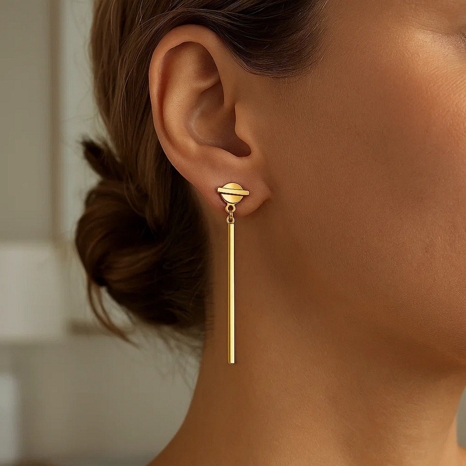 14k Yellow Gold Modern Disc and Bar Drop Earrings for Women | Yene Store