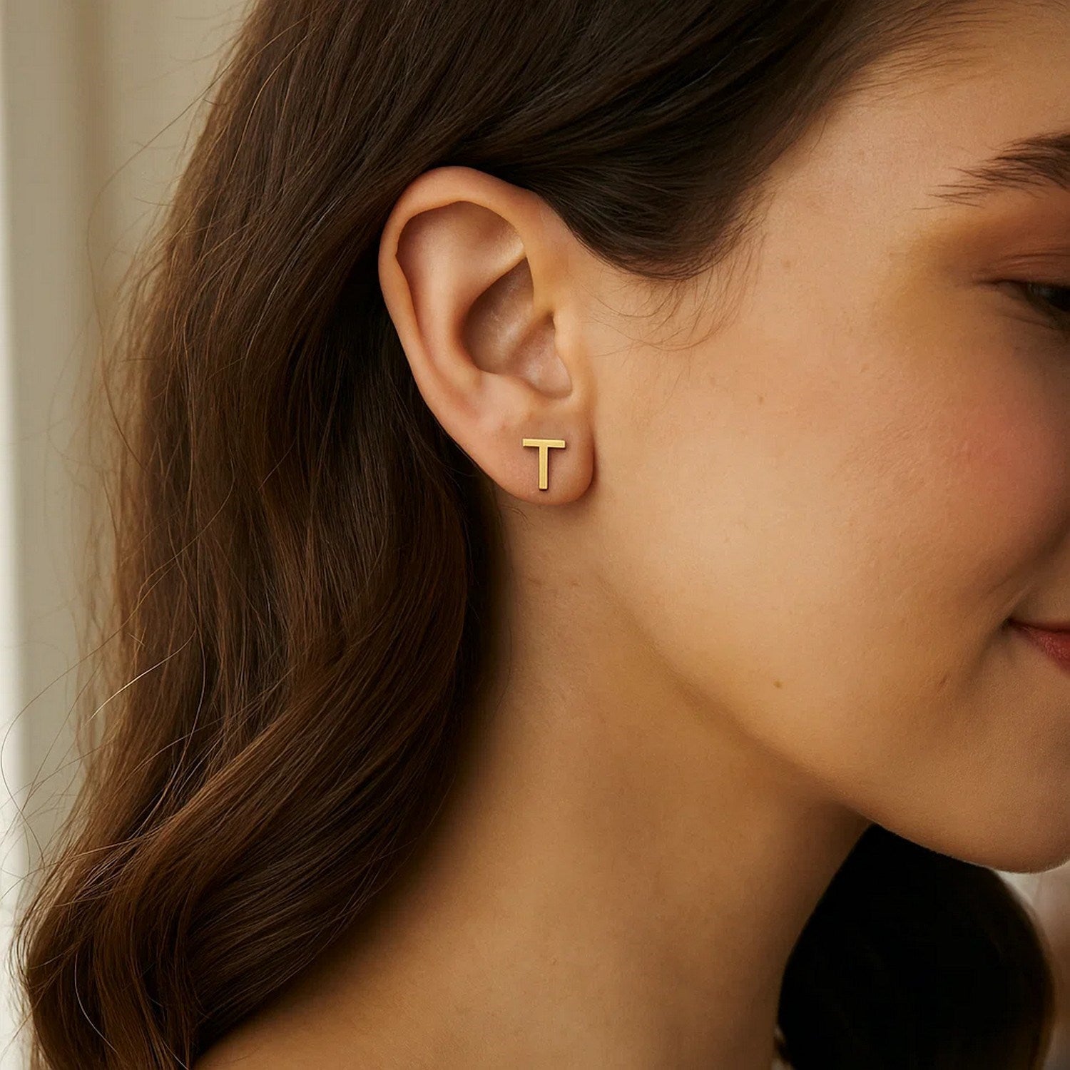 14K Yellow Gold Yours Truly Initial T Stud Earrings for Women | Yene Store