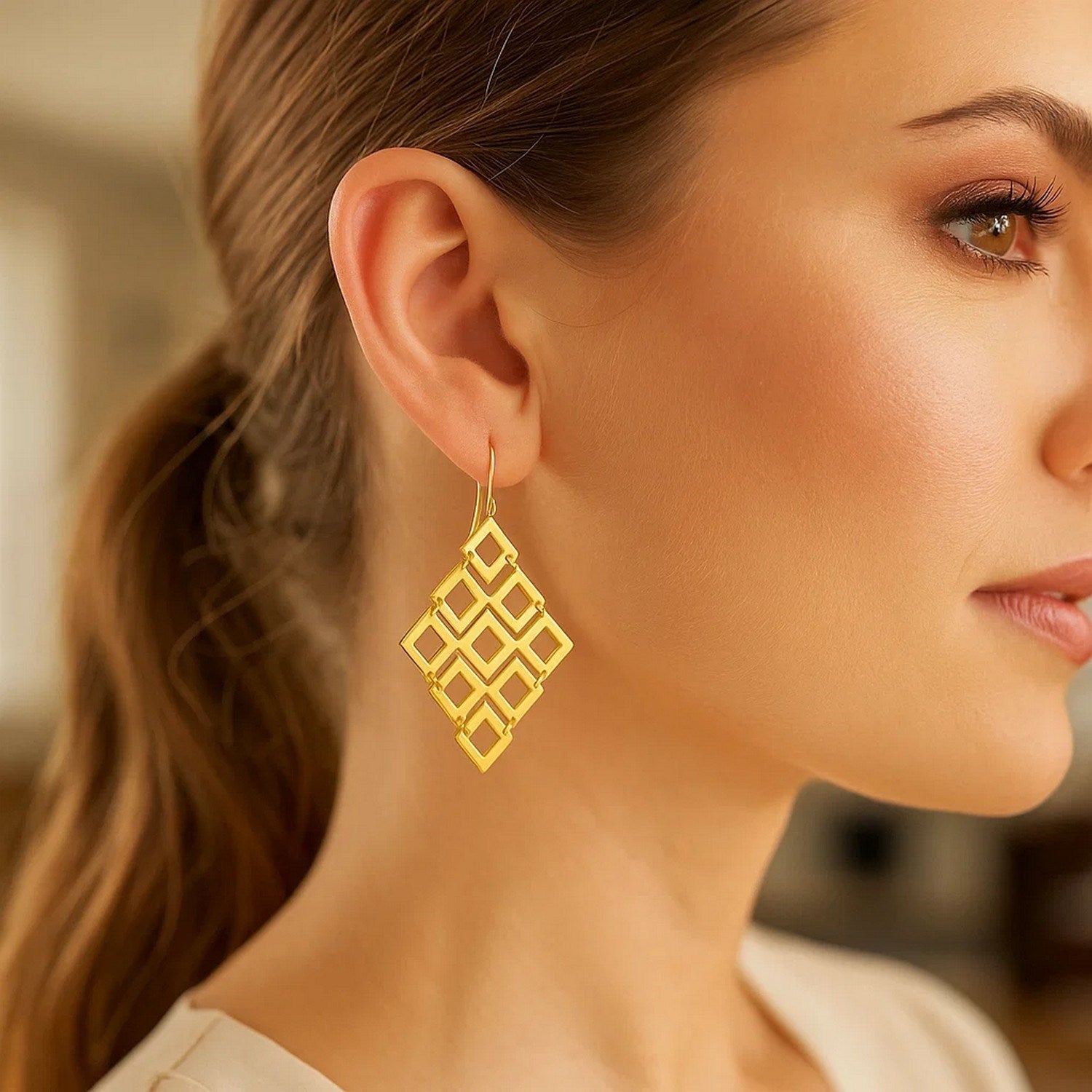 14k Yellow Gold Earrings with Polished Open Diamond Motifs for Women |  Yene store