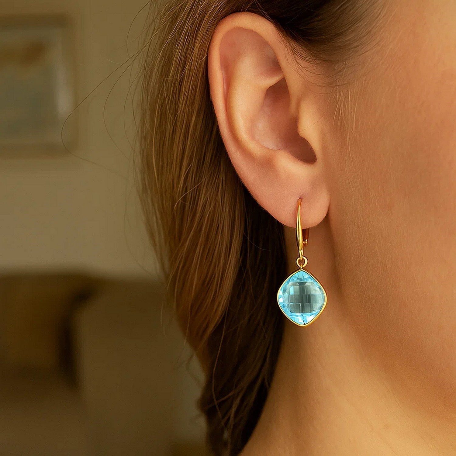 Drop Earrings with Blue Topaz Cushion Briolettes in 14k Yellow Gold for Women |  Yene store