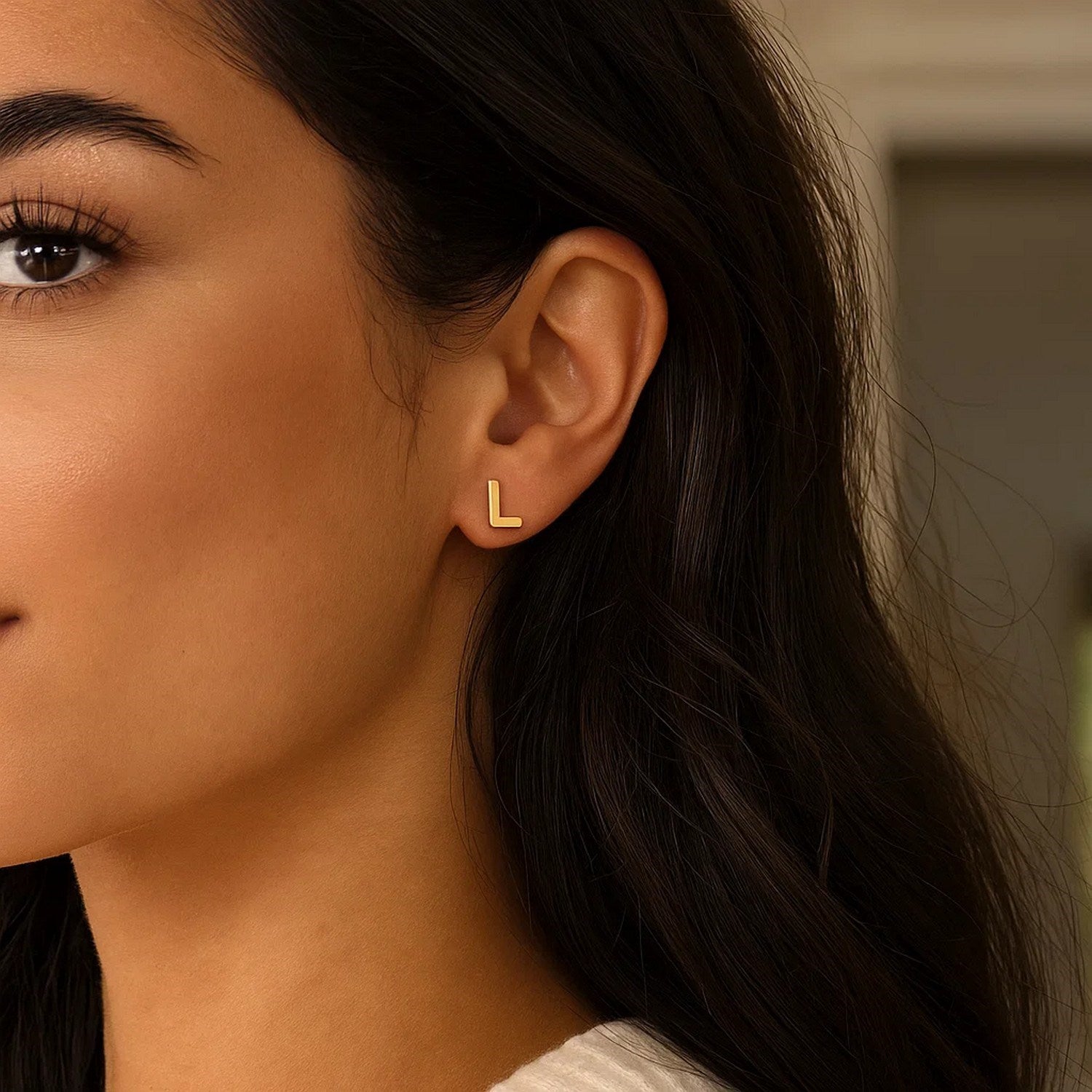 14K Yellow Gold Yours Truly Initial L Stud Earrings for Women | Yene Store