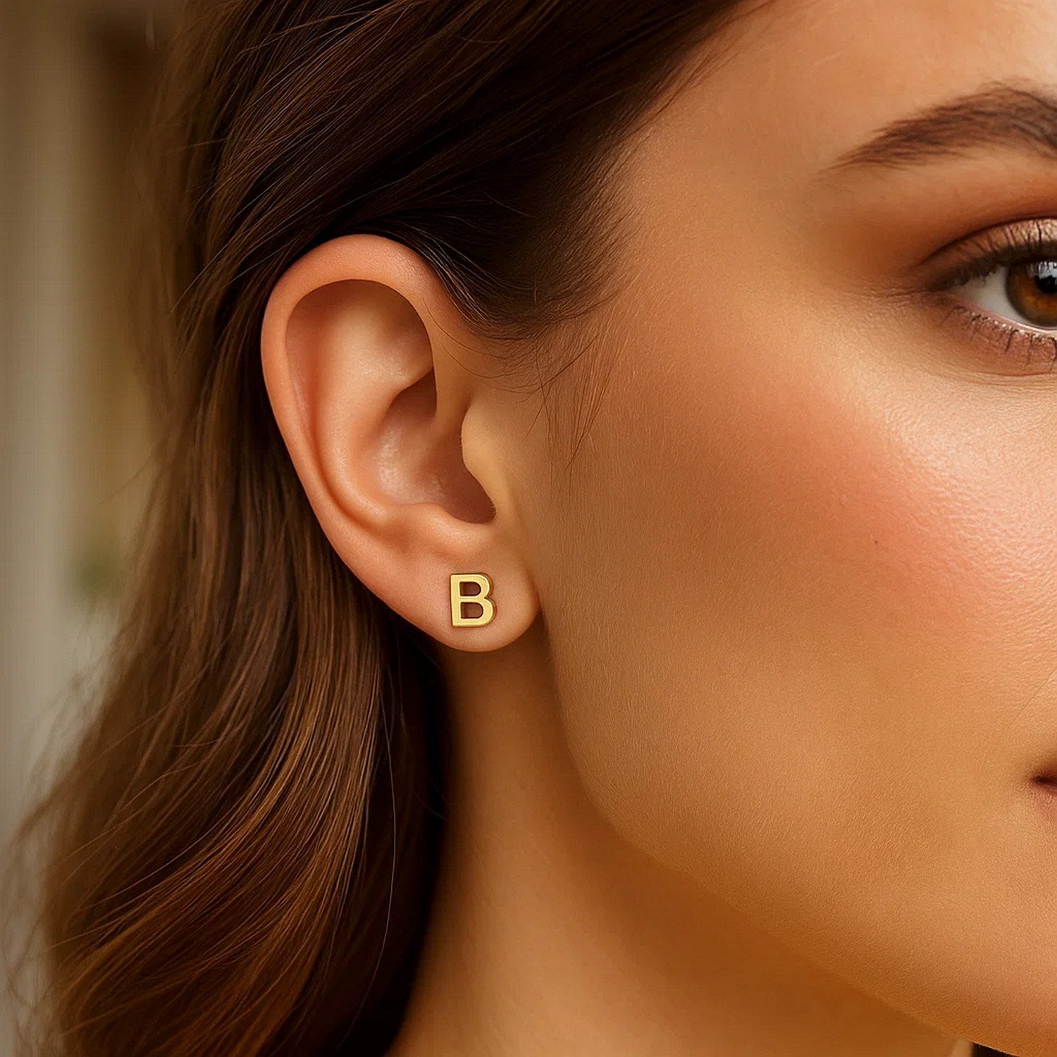 14K Yellow Gold Yours Truly Initial B Stud Earrings for Women |  Yene store