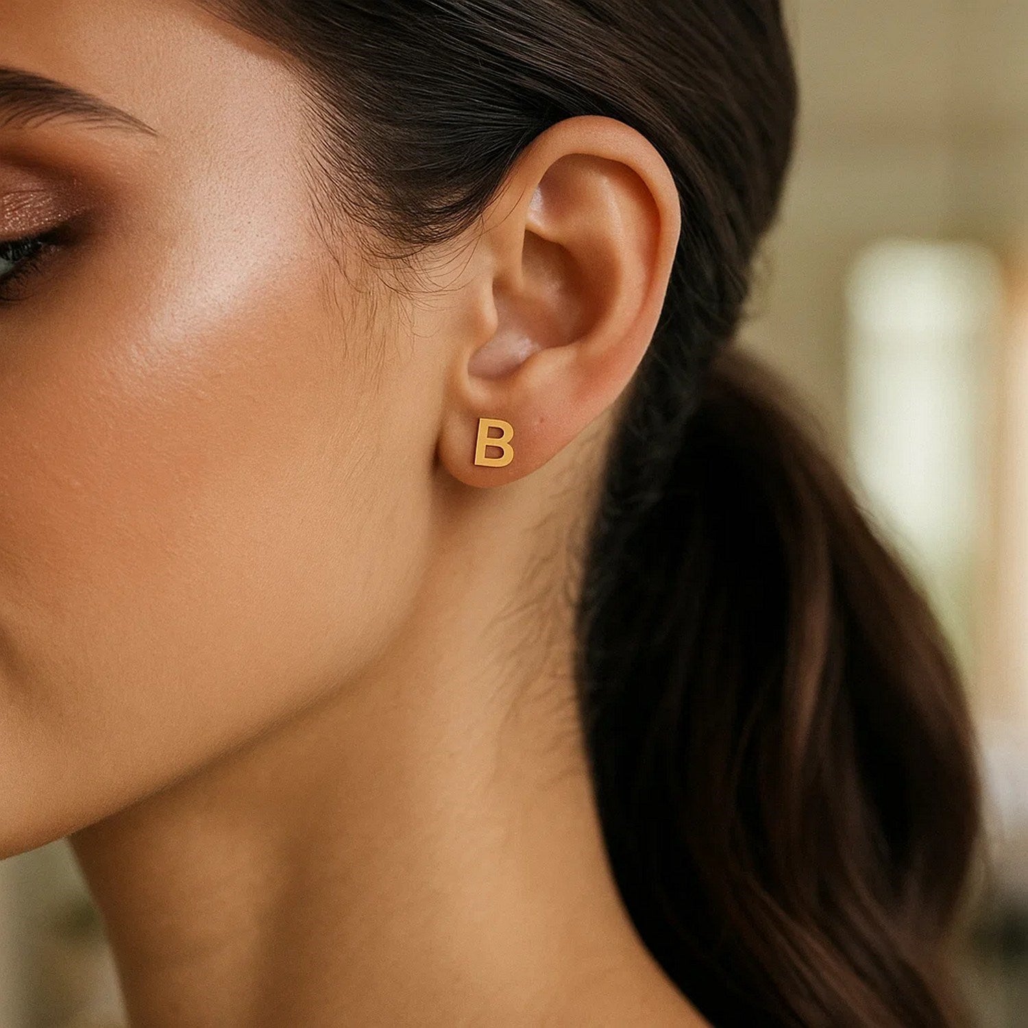 14K Yellow Gold Yours Truly Initial B Stud Earrings for Women |  Yene store