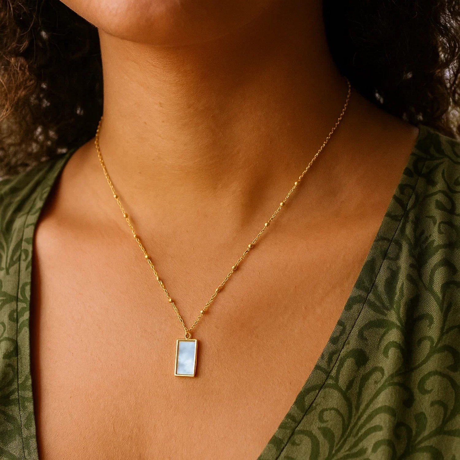 MOP Geometric Gem Rectangle Necklace in 14K Yellow Gold For Women |  Yene store