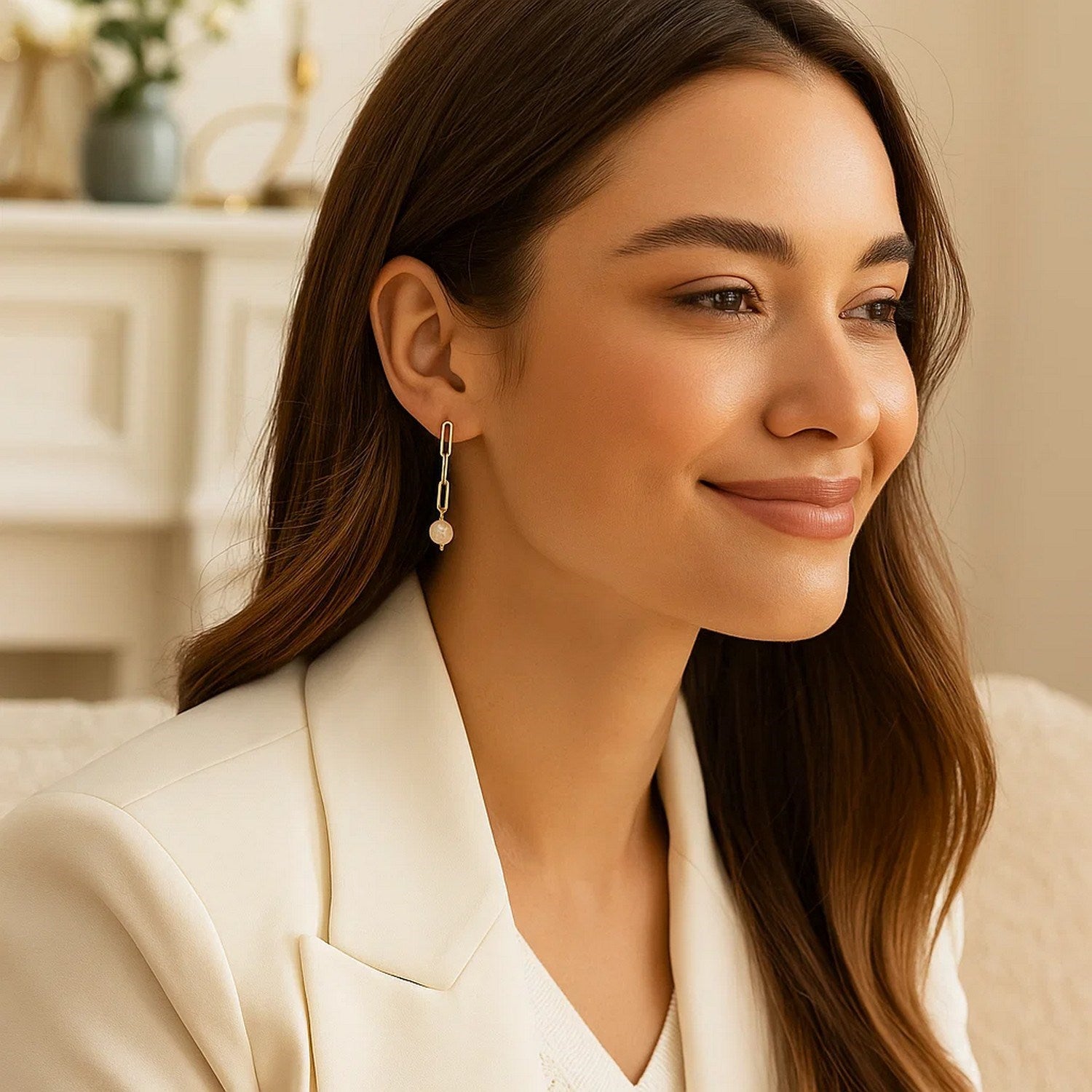 14k Yellow Gold Paperclip Chain Link Earrings with Pearls