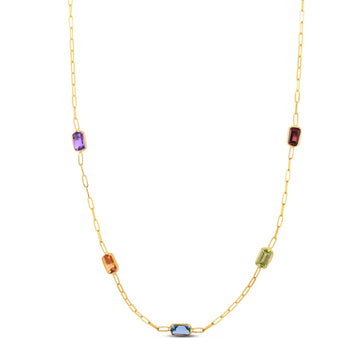 14K Yellow Gold Multi Gemstone Paperclip Necklace (1.50 mm)