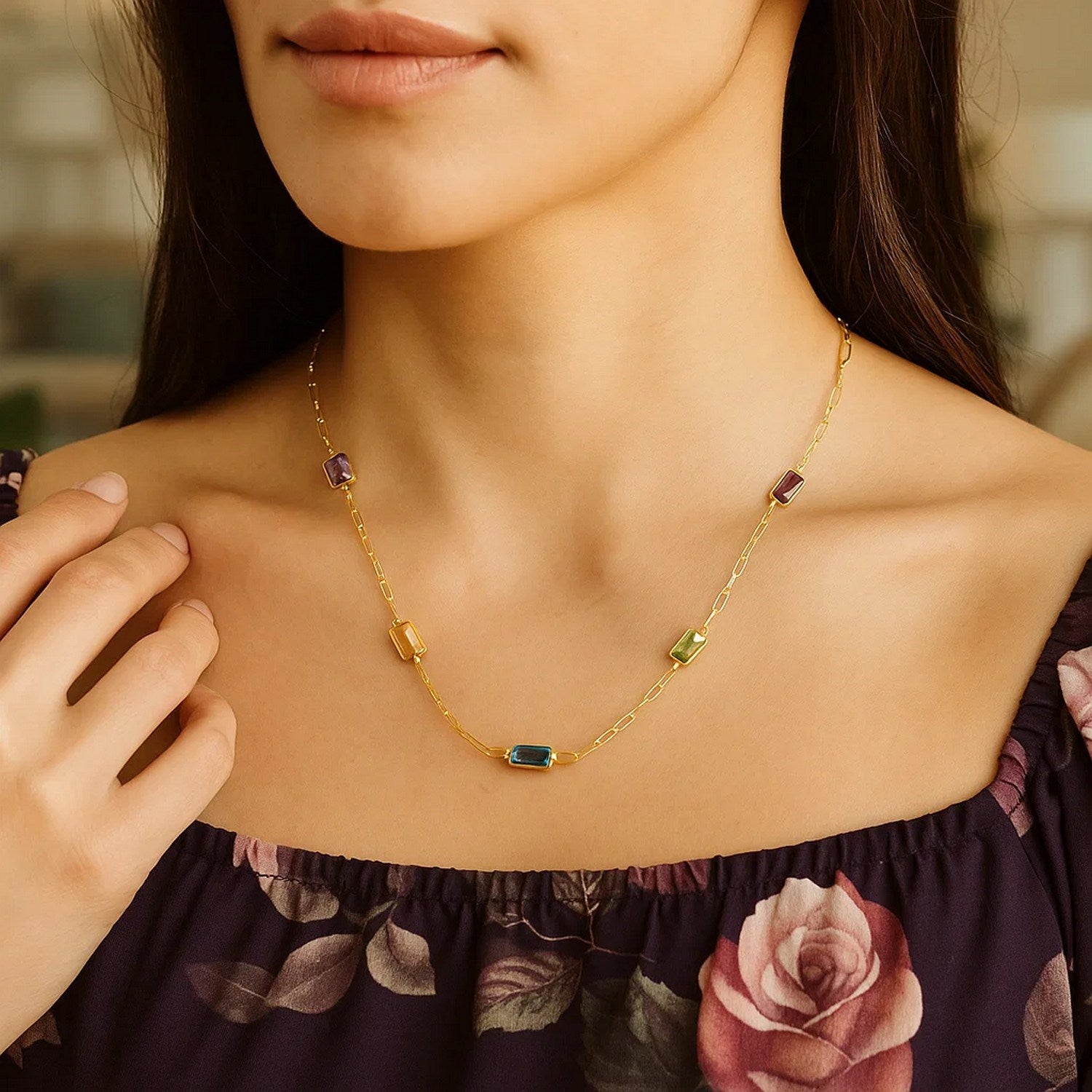 14K Yellow Gold Multi Gemstone Paperclip Necklace (1.50 mm)