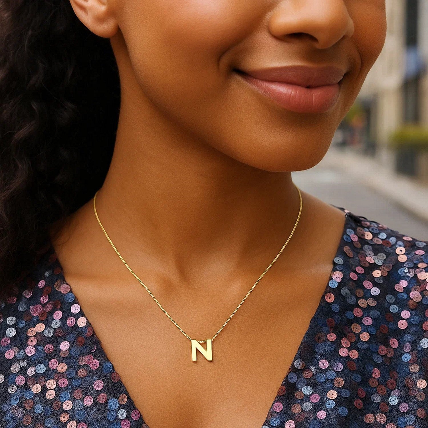 14K Yellow Gold Yours Truly Block Letter Initial N Necklace for Women | Yene store