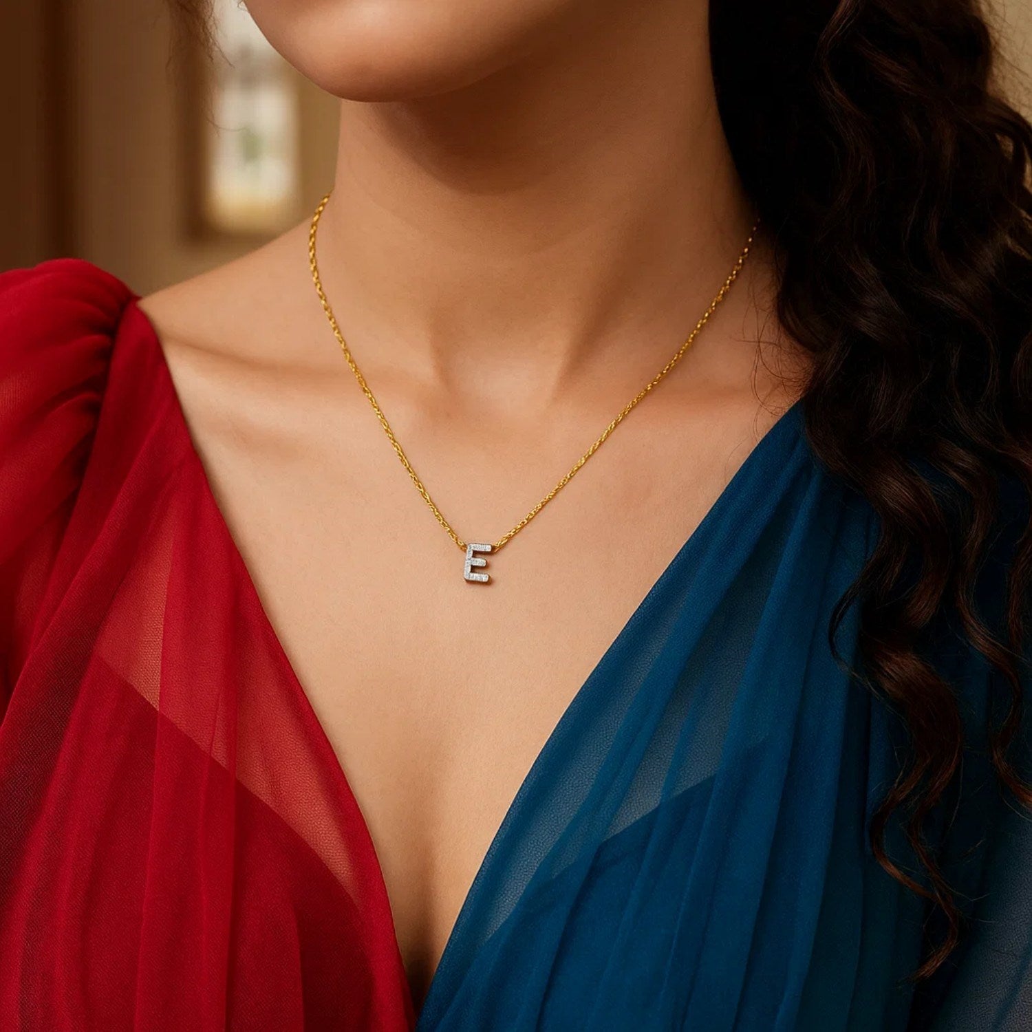 14K Yellow Gold Mini Diamond E Initial Pendant Necklace for Women | Yene store