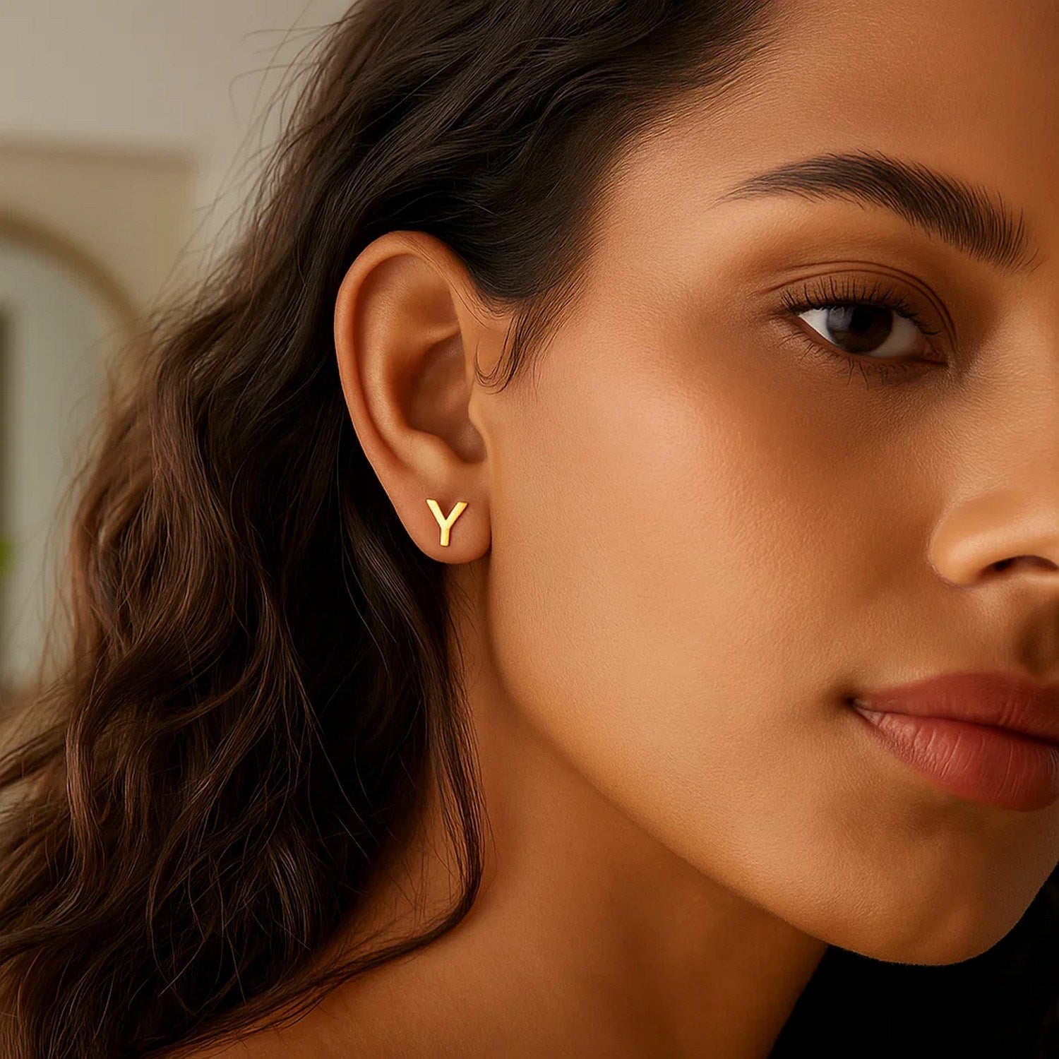 14K Yellow Gold Yours Truly Initial Y Stud Earrings for Women | Yene store