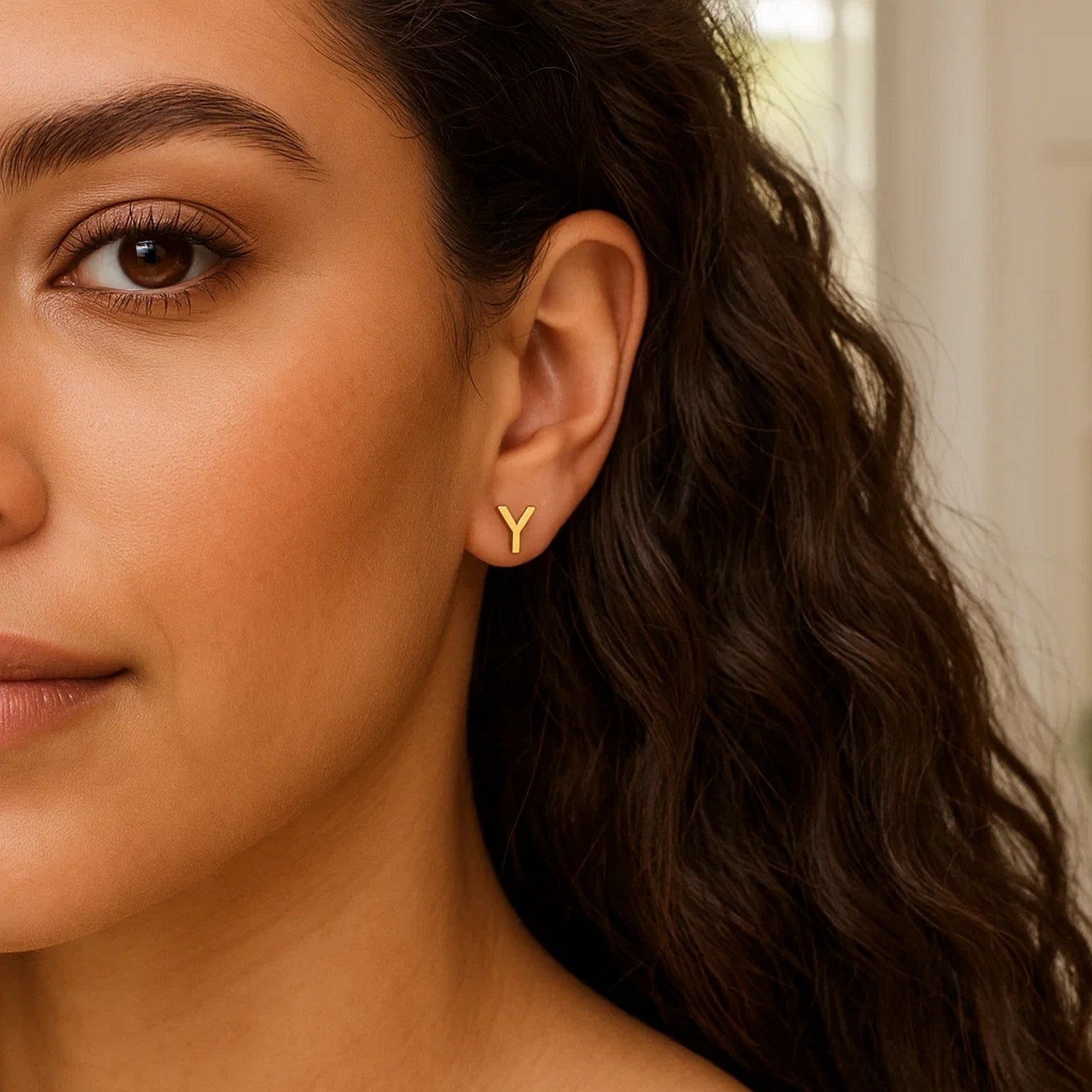 14K Yellow Gold Yours Truly Initial Y Stud Earrings for Women | Yene store