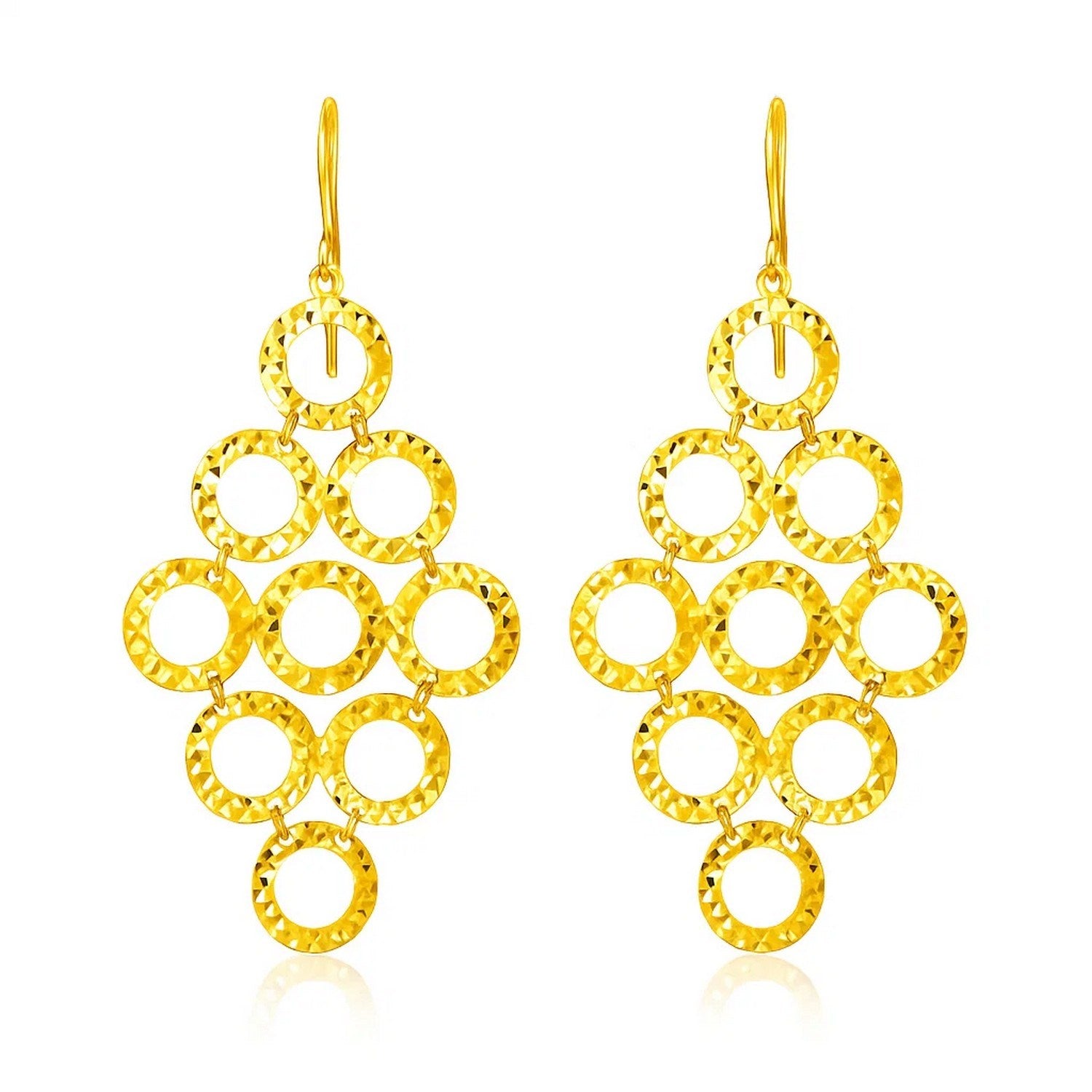 14k Yellow Gold Earrings with Textured Open Circle Motifs