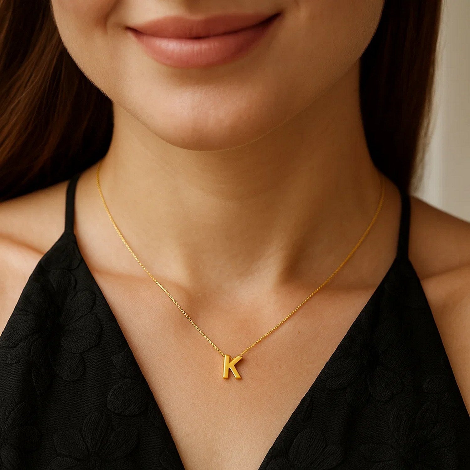 14K Yellow Gold Yours Truly Block Letter Initial K Necklace for Women | Yene store
