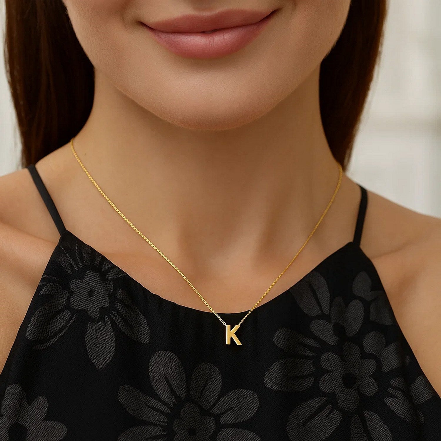 14K Yellow Gold Yours Truly Block Letter Initial K Necklace for Women | Yene store