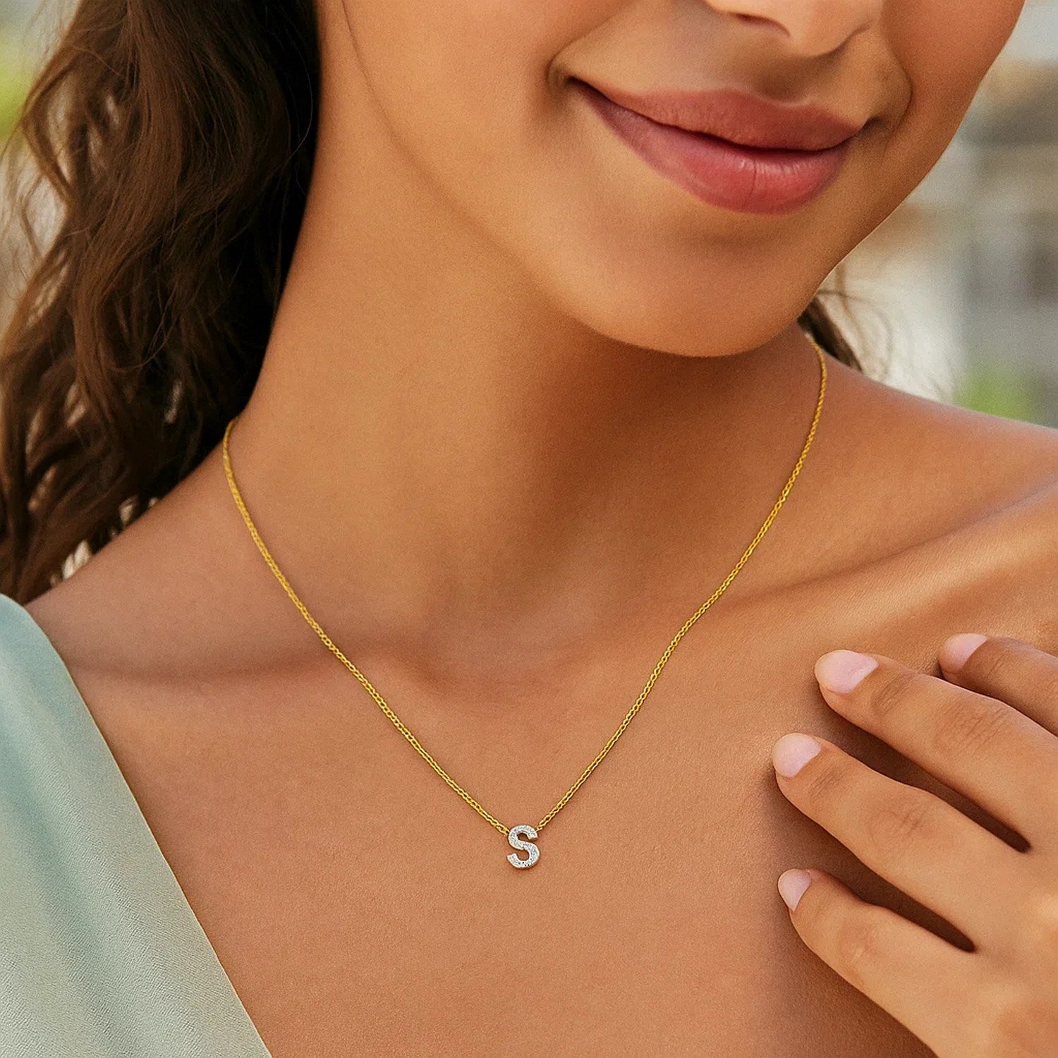 14K Yellow Gold Mini Diamond S Initial Pendant Necklace for Women | Yene store