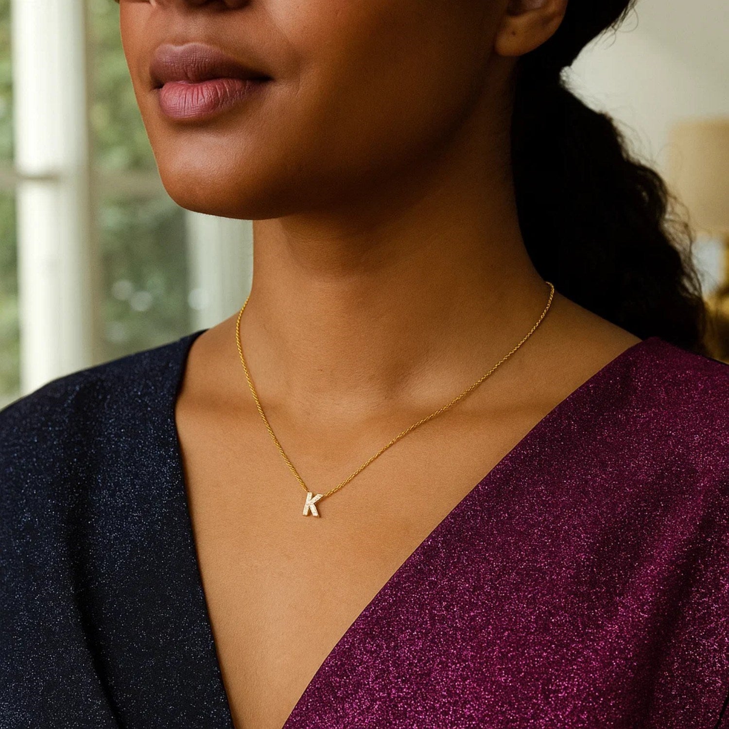 14K Yellow Gold Mini Diamond K Initial Pendant Necklace for Women | Yene store