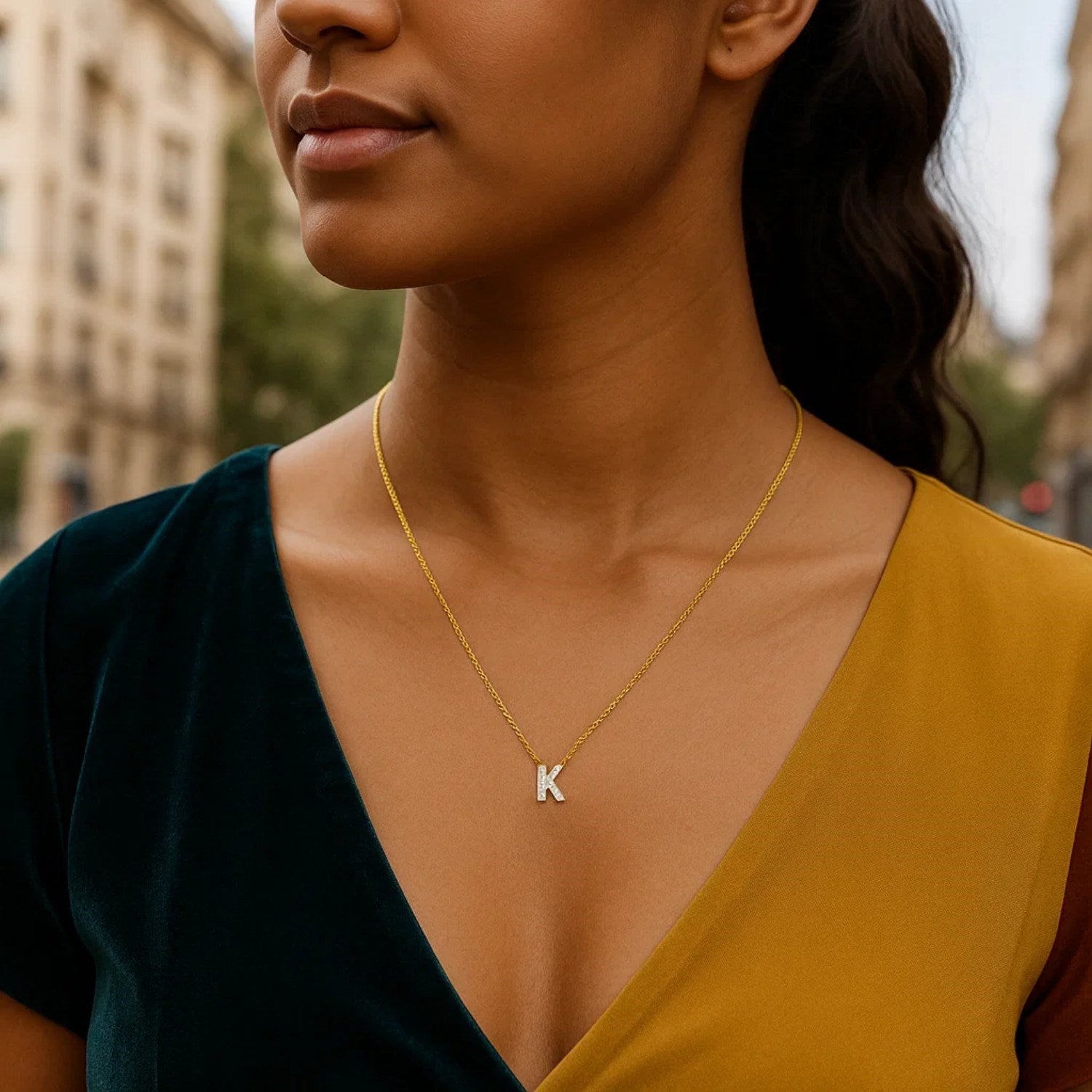 14K Yellow Gold Mini Diamond K Initial Pendant Necklace for Women | Yene store