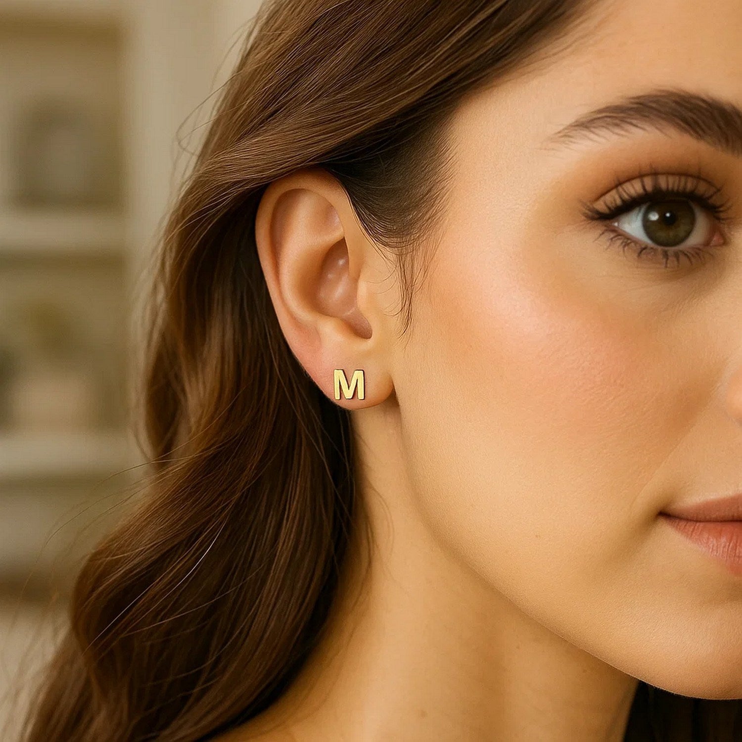 14K Yellow Gold Yours Truly Initial M Stud Earrings for women | Yene Store