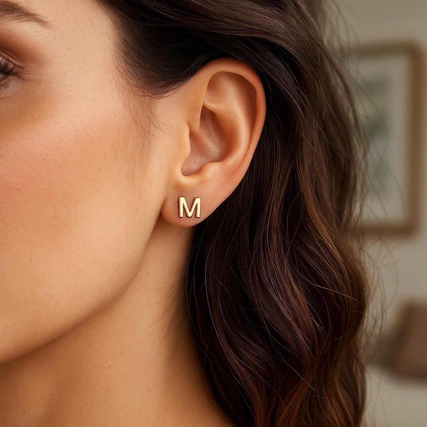 14K Yellow Gold Yours Truly Initial M Stud Earrings for women | Yene Store