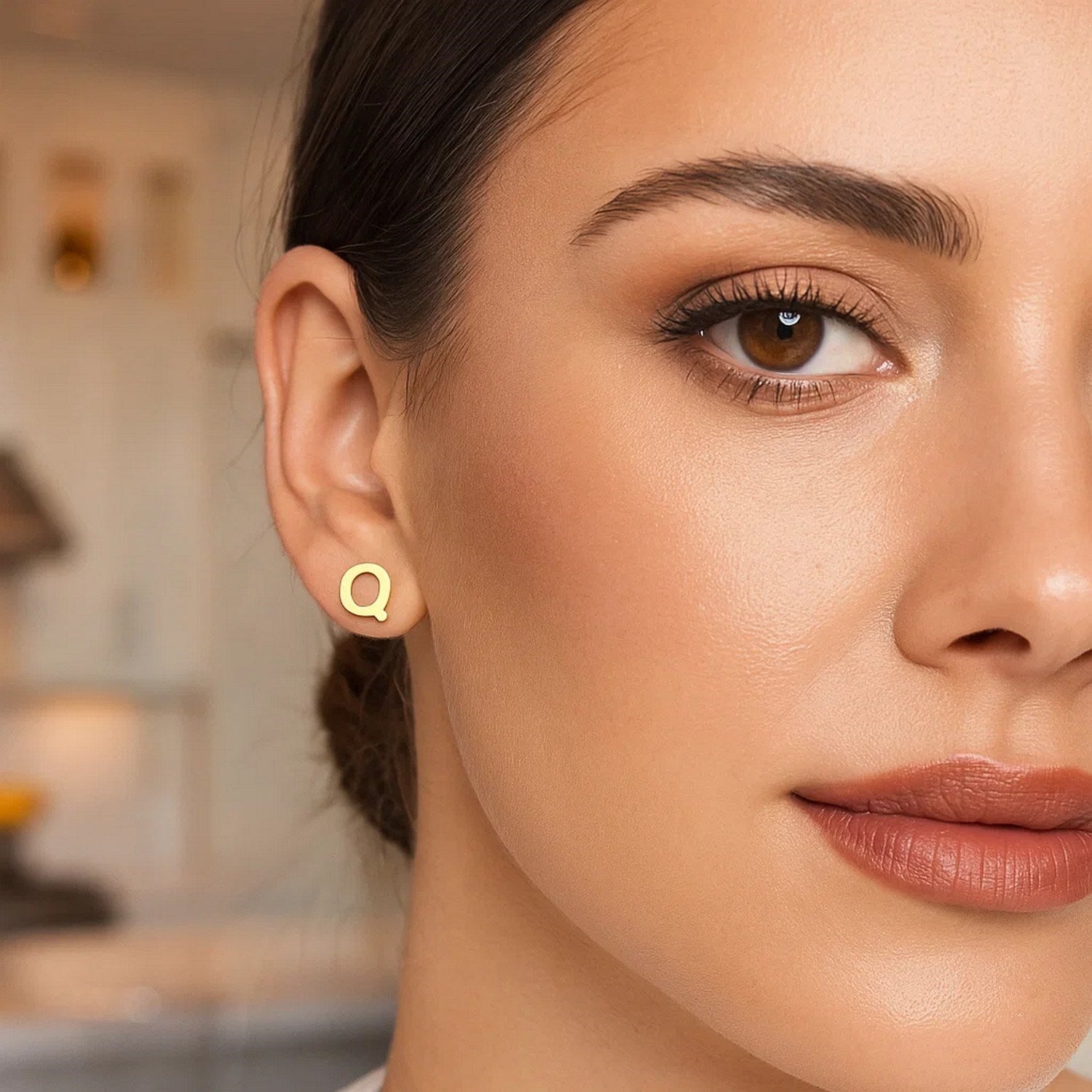 14K Yellow Gold Yours Truly Initial Q Stud Earrings for Women | Yene store 