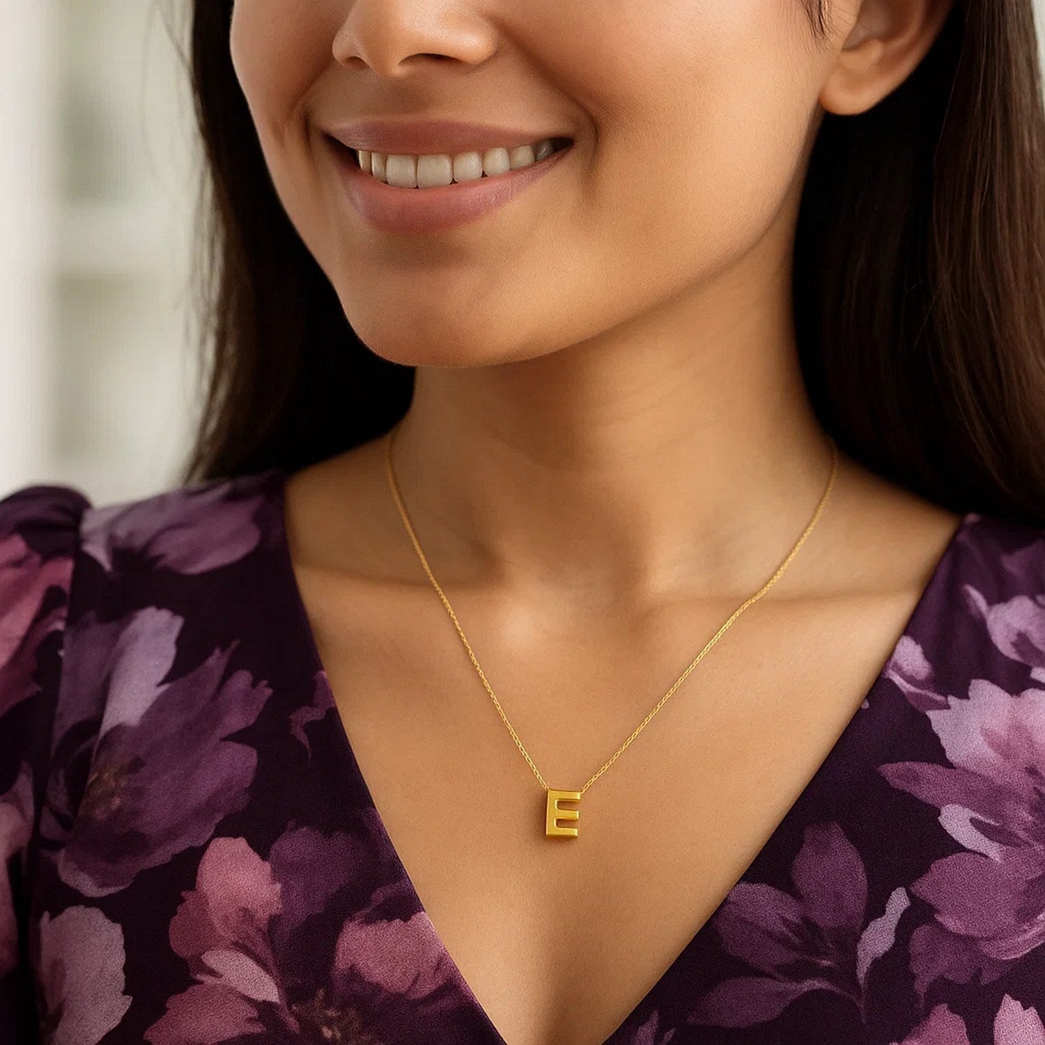 14K Yellow Gold Yours Truly Block Letter Initial E Necklace for Women | Yene Store