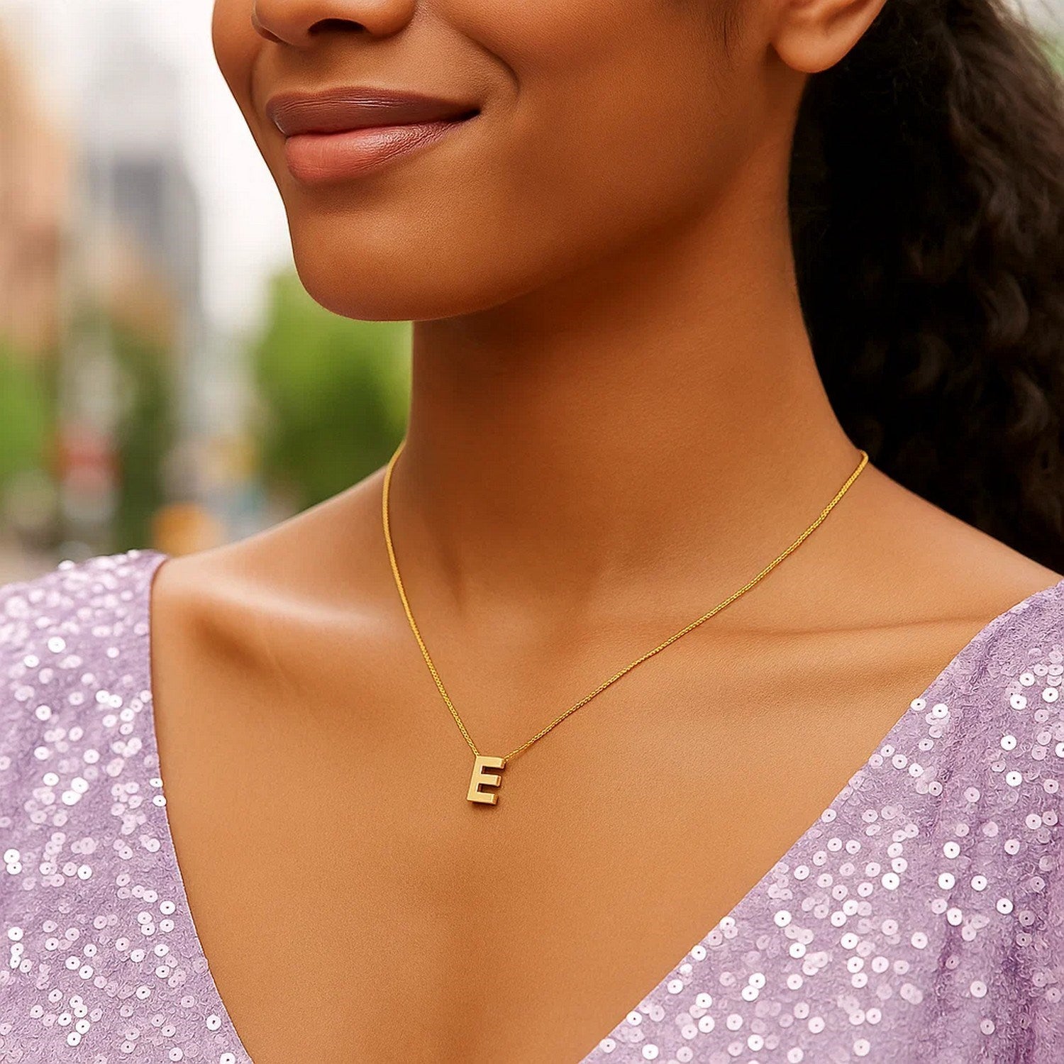 14K Yellow Gold Yours Truly Block Letter Initial E Necklace for Women | Yene Store