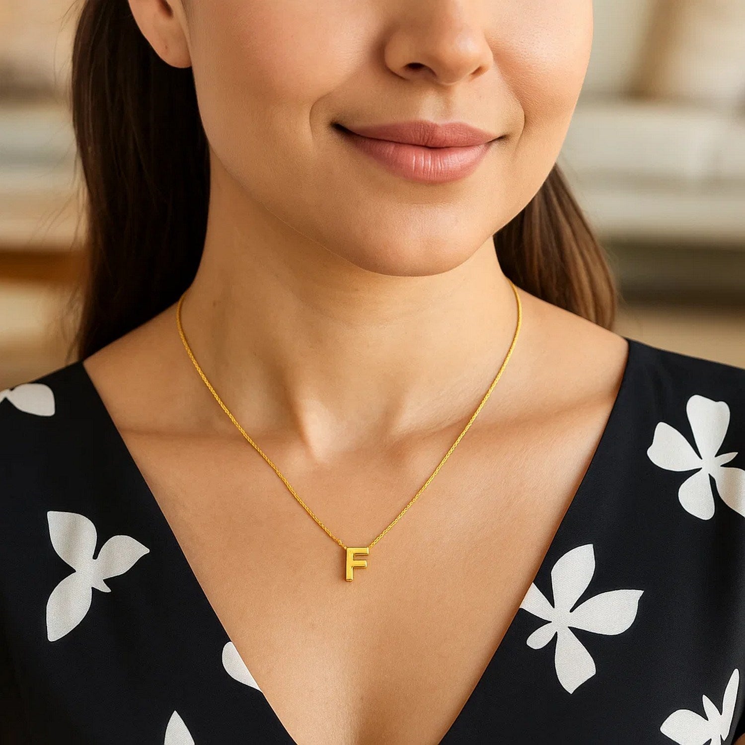 14K Yellow Gold Yours Truly Block Letter Initial F Necklace for Women | Yene Store 