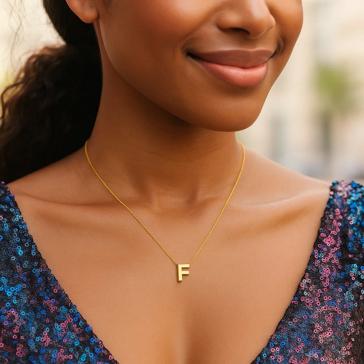 14K Yellow Gold Yours Truly Block Letter Initial F Necklace for Women | Yene Store