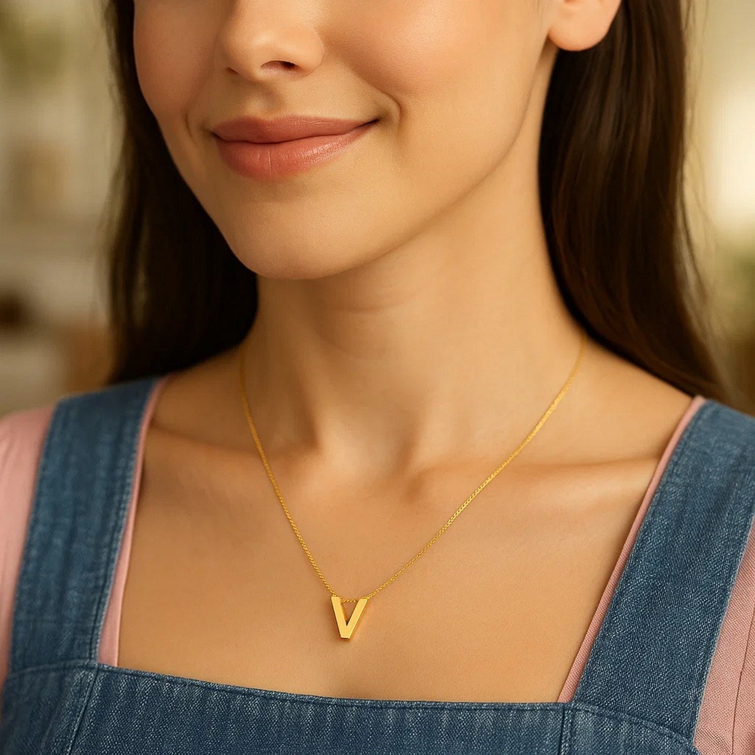 14K Yellow Gold Yours Truly Block Letter Initial V Necklace for Women | Yene Store