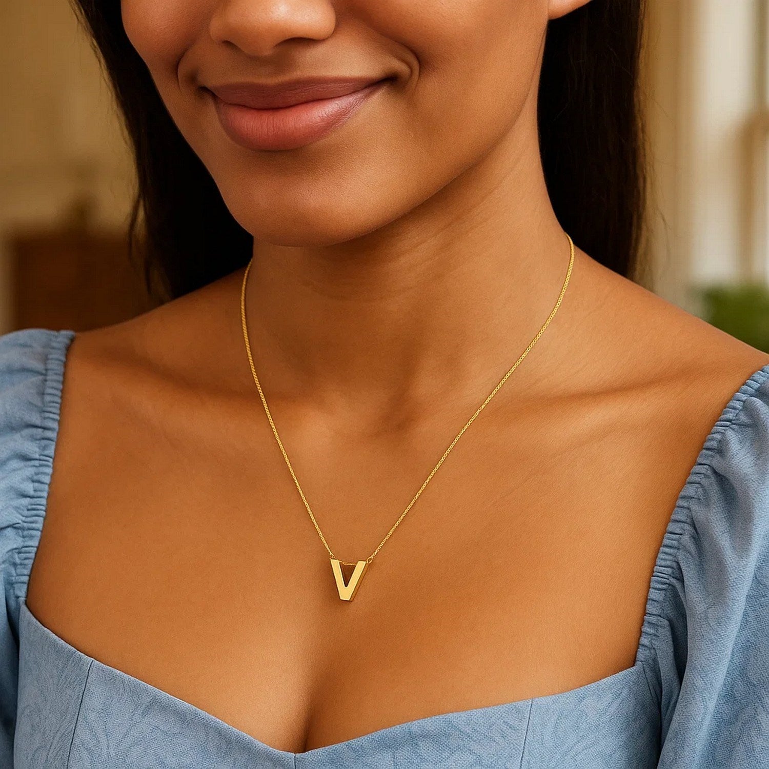 14K Yellow Gold Yours Truly Block Letter Initial V Necklace for Women | Yene Store 