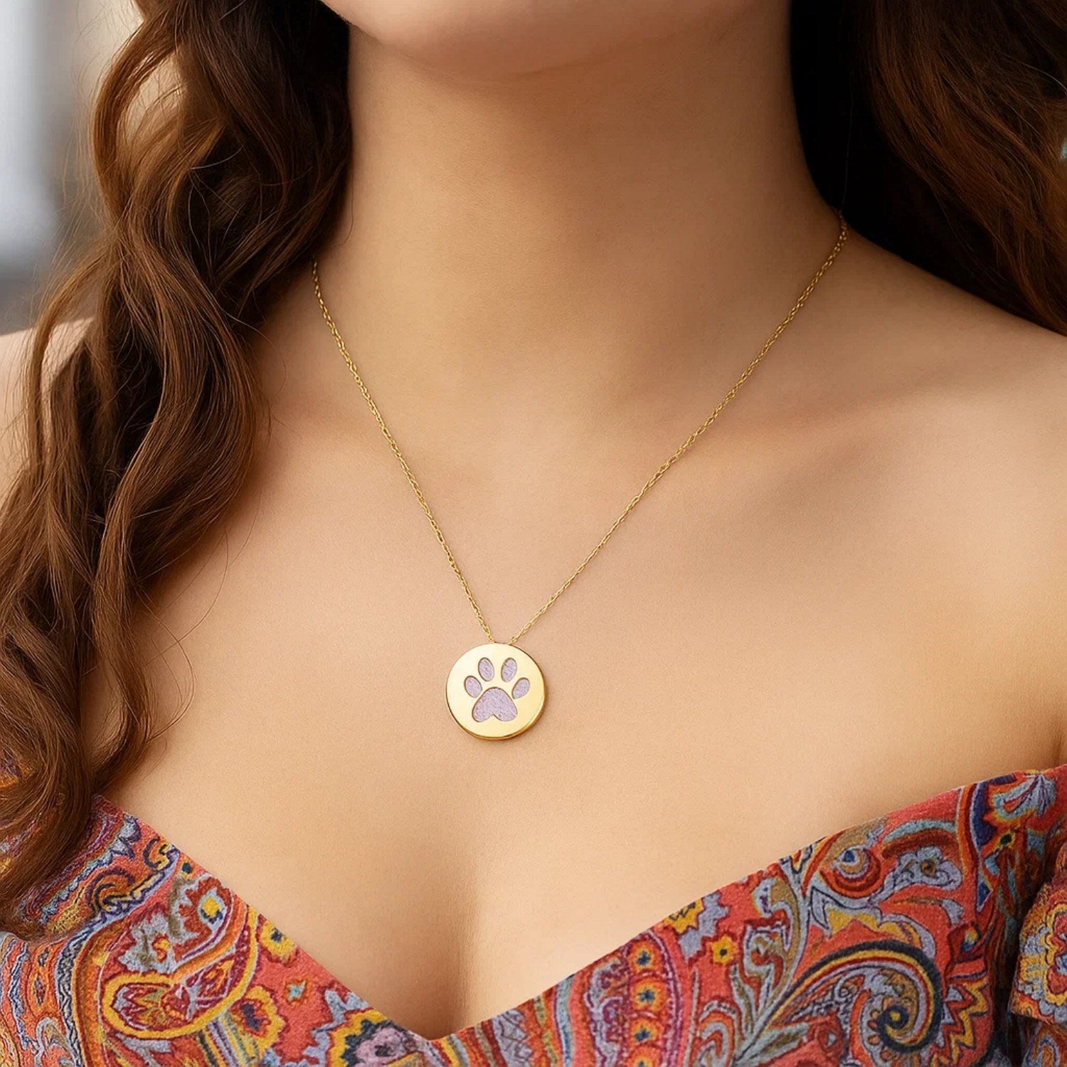 14k Yellow Gold Necklace with Dog Paw Print Symbol in Mother of Pearl for Women | Yene Store 