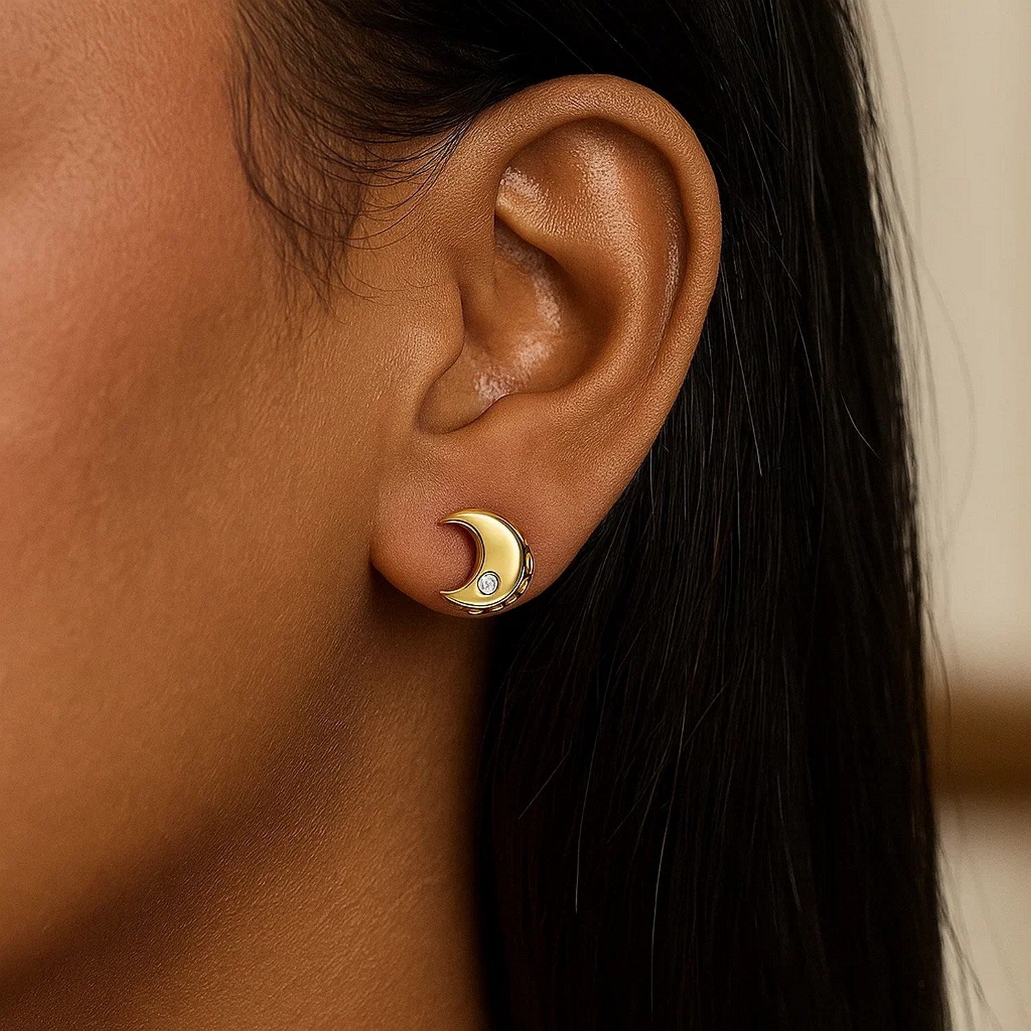 14k Yellow Gold Polished Moon Earrings with Diamonds for Women | Yene Store