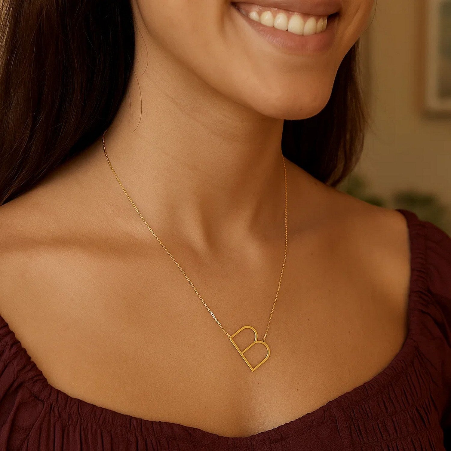 14K Yellow Gold Yours Truly Large Initial B Necklace for Women | Yene Store