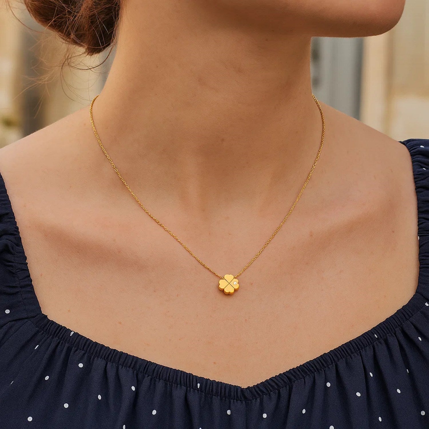 14k Yellow Gold Polished Four Leaf Clover Necklace with Diamond for Women | Yene Store 