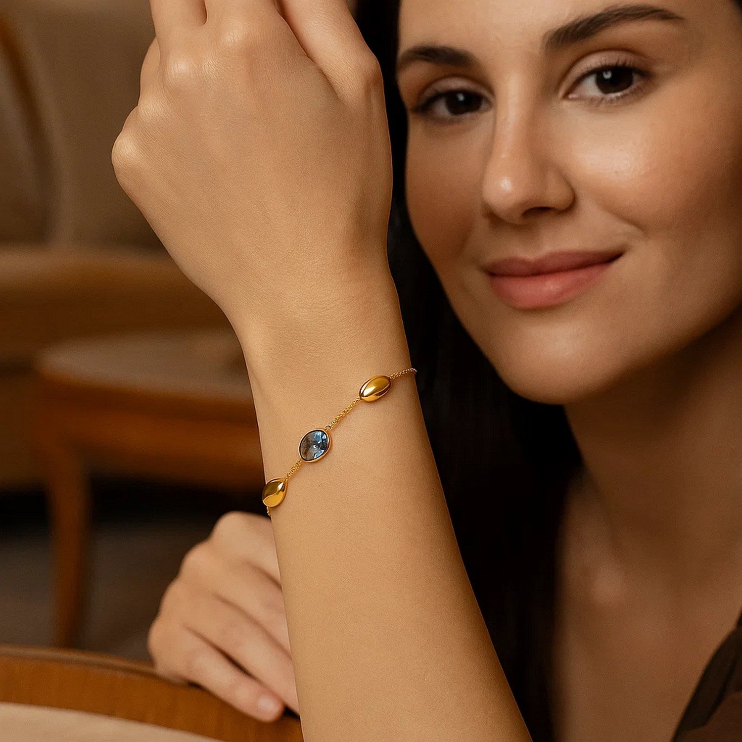 14K Yellow Gold Oval Gemstone and Bead Bracelet for Women | Yene store 