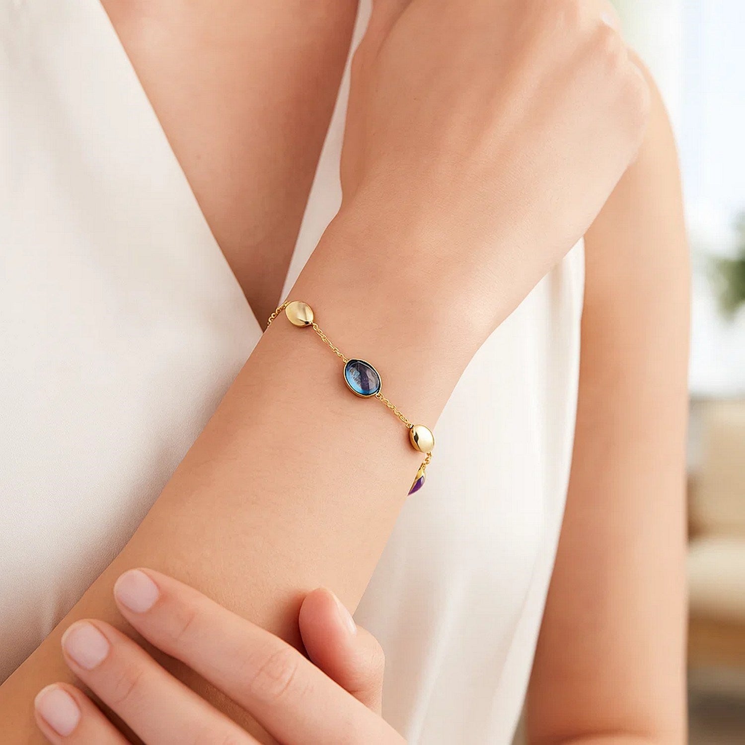 14K Yellow Gold Oval Gemstone and Bead Bracelet for Women | Yene store