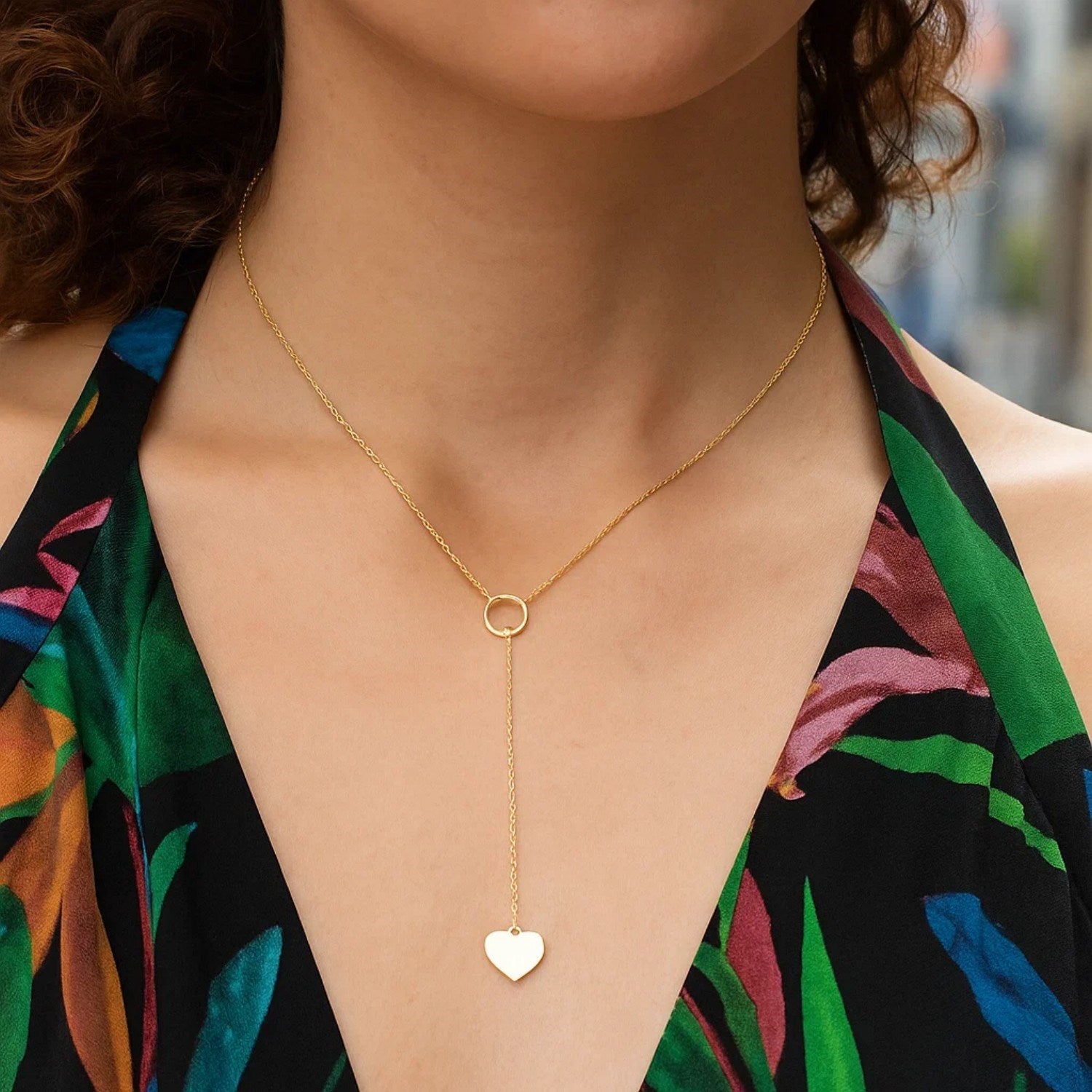 Lariat Heart Necklace in 10K Yellow Gold for Women | Yene store 