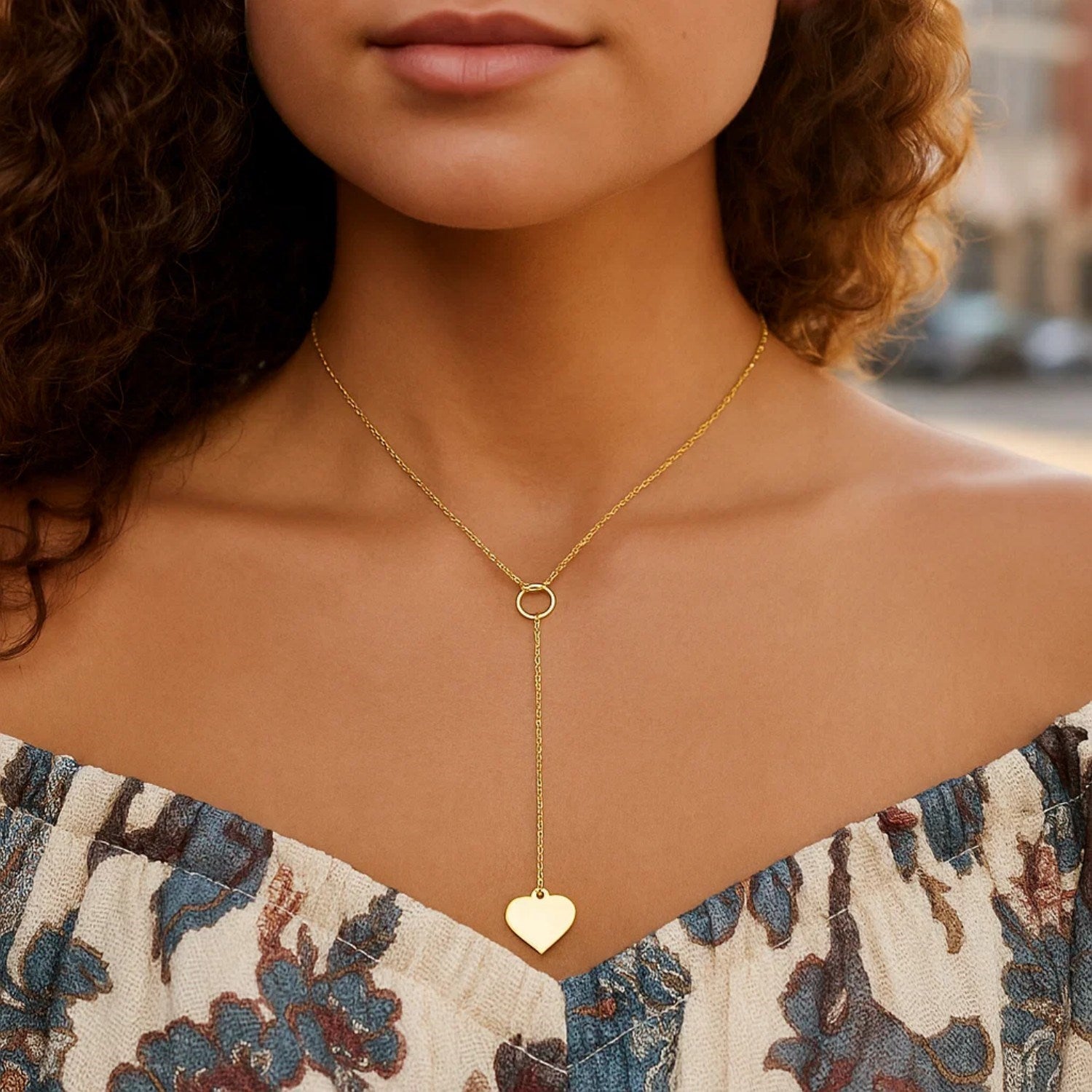 Lariat Heart Necklace in 10K Yellow Gold for Women | Yene store 