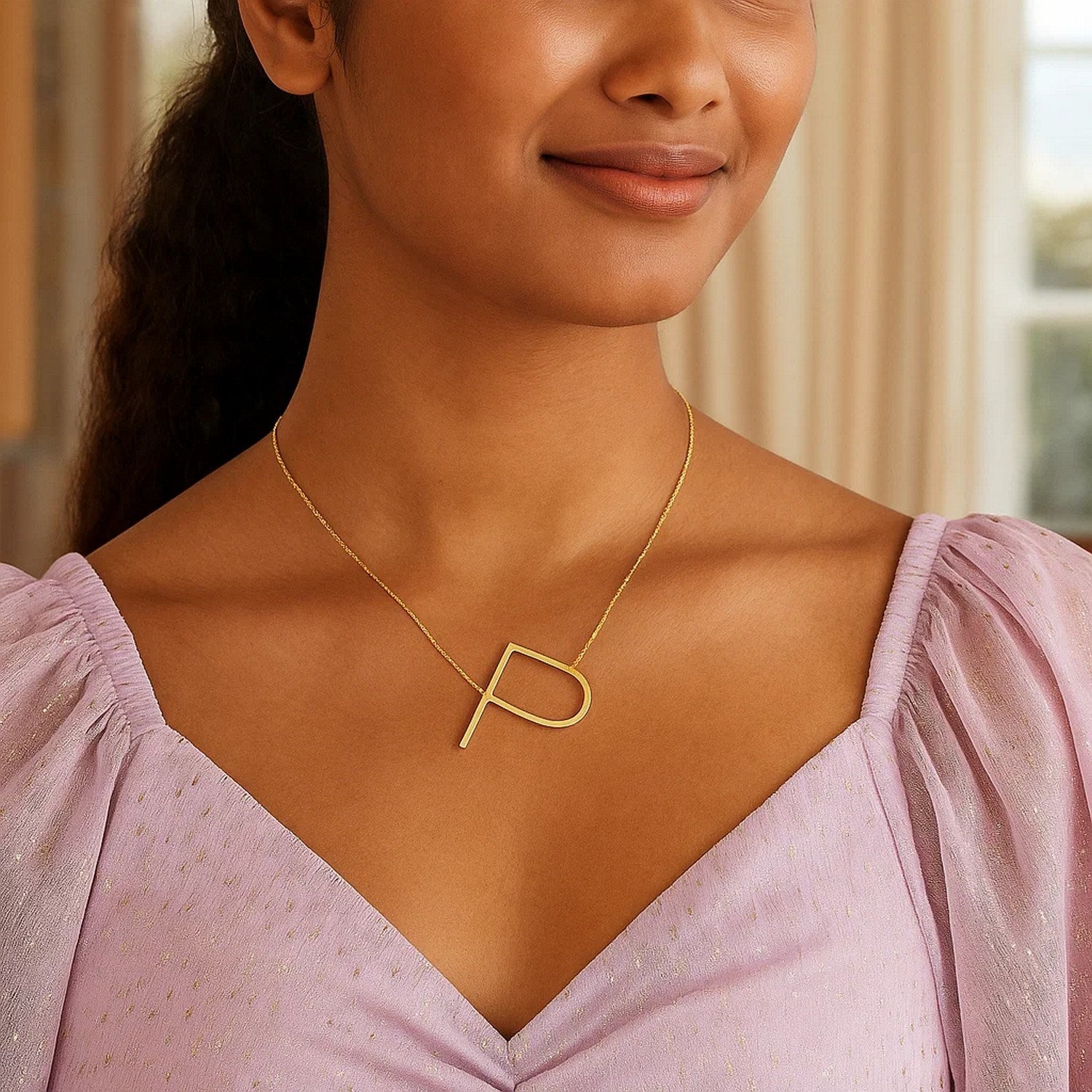 14K Yellow Gold Yours Truly Large Initial P Necklace for Women | Yene Store 